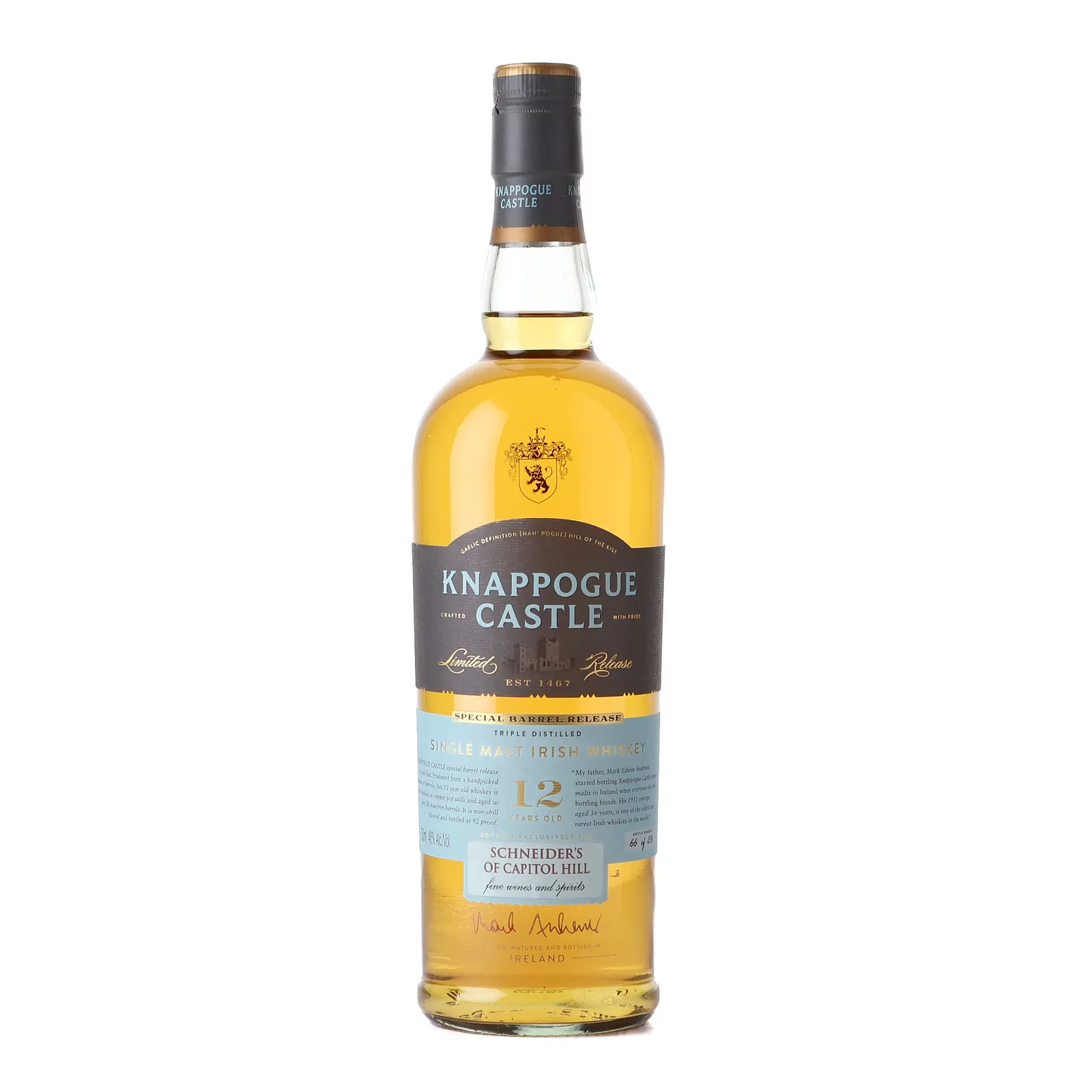 Knappogue Castle Special Barrel Release Schneider's of Capitol Hill 12 Year Old, Bourbon Cask, 2017, 46% whisky bottle