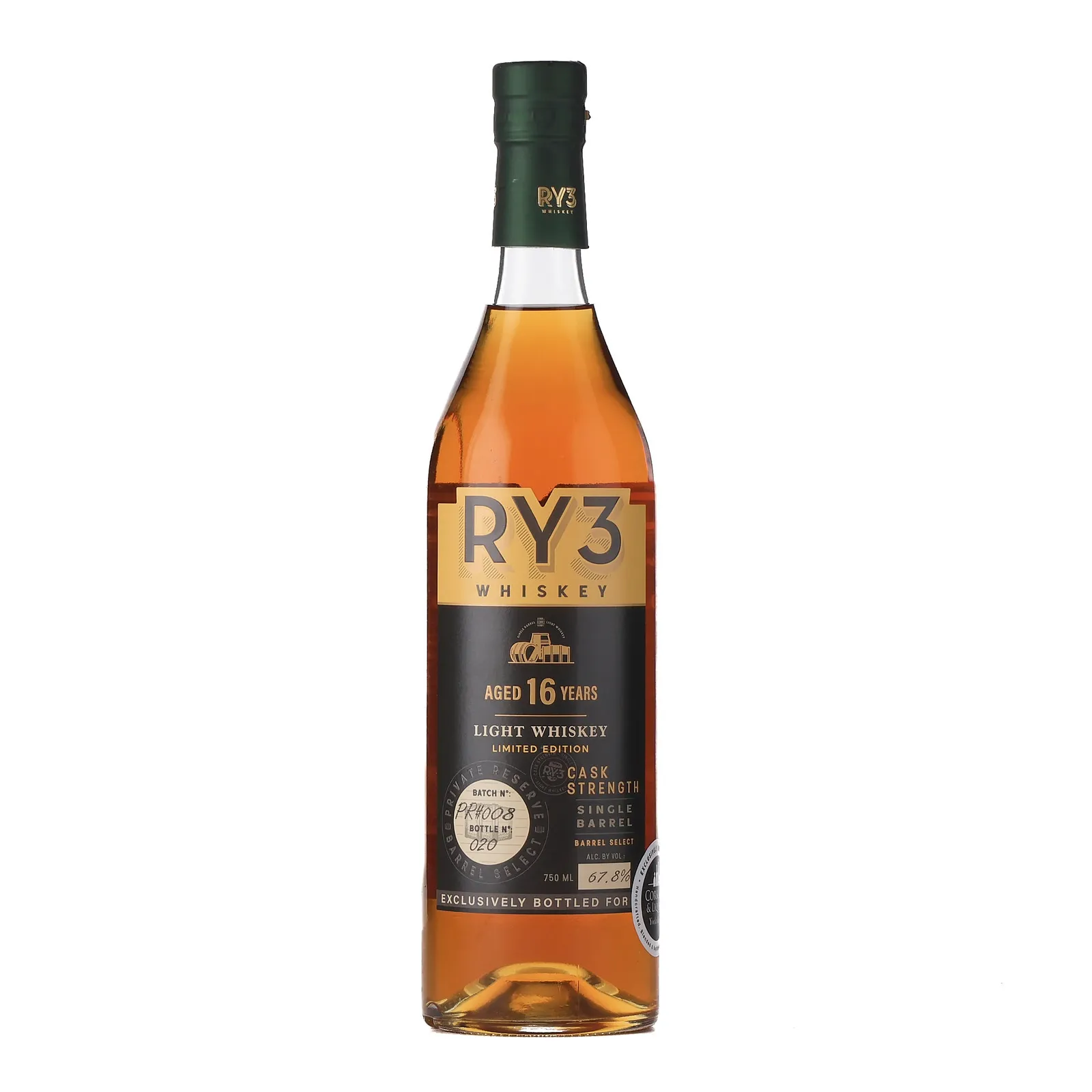 RY3 Light Whiskey Cask Strength 16 Year Old, Batch No. PR#008, 67.8% whisky bottle