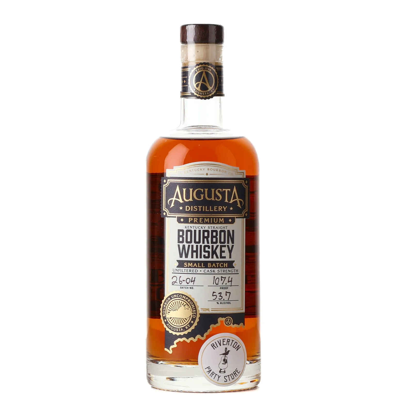 Augusta Distillery Cask Strength Bourbon 'Riverton Party Store' Private Barrel Selection, New Charred Oak Cask, Batch No. 26-04, 53.7% whisky bottle