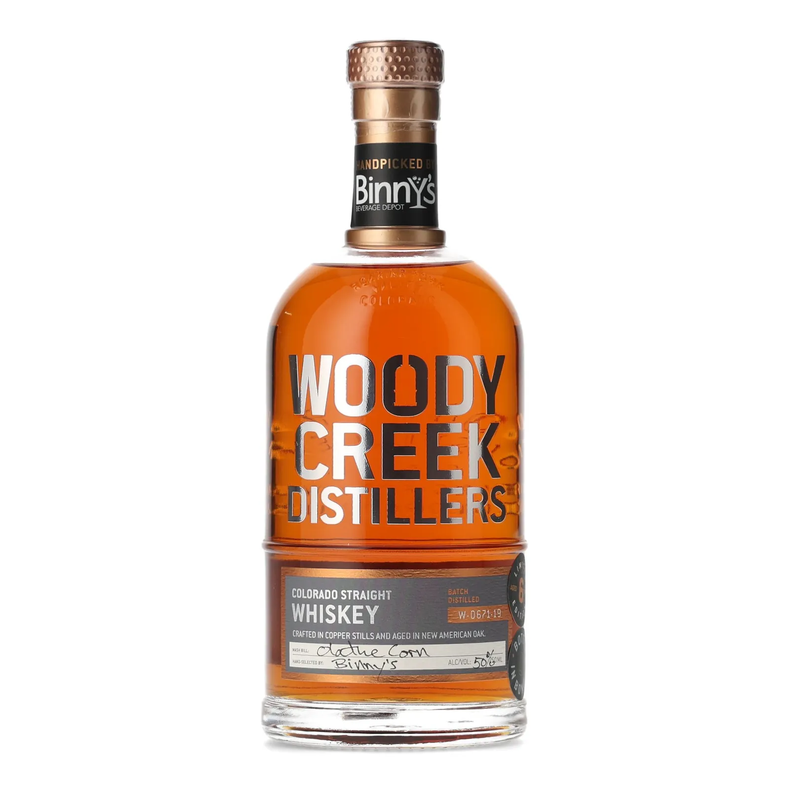 Woody Creek Colorado Straight Whiskey Binny's Private Barrel Selection 6 Year Old, New American Oak Cask, W-0671-19, 50% whisky bottle