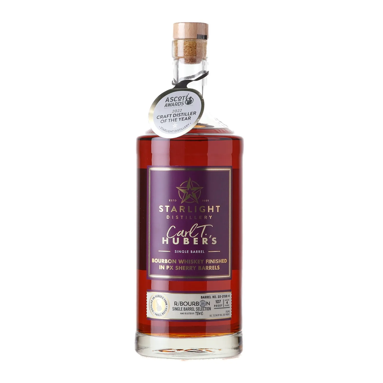 Starlight Carl T. Huber's Bourbon Whiskey Finished in PX Sherry Barrels 4 Year Old, PX Sherry Cask, Cask #22-2156-4, 2023, 53.5% whisky bottle