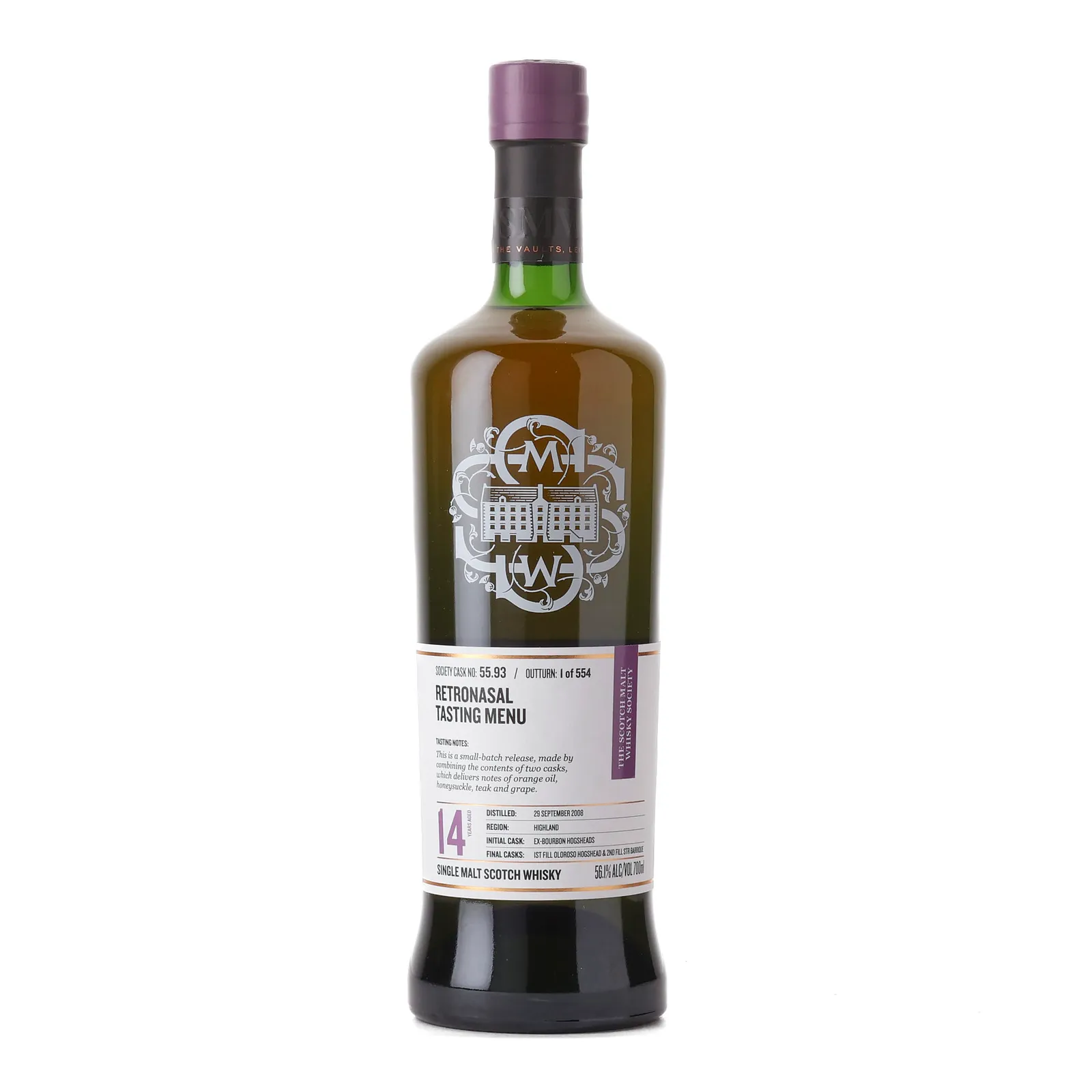 SMWS 55.93 Royal Brackla 2008 14 Year Old, Refill Bourbon, First-fill Oloroso Sherry & Second-fill STR Barrique Cask, Cask #55.93, 2008, Scotch Malt Whisky Society, 56.1% whisky bottle