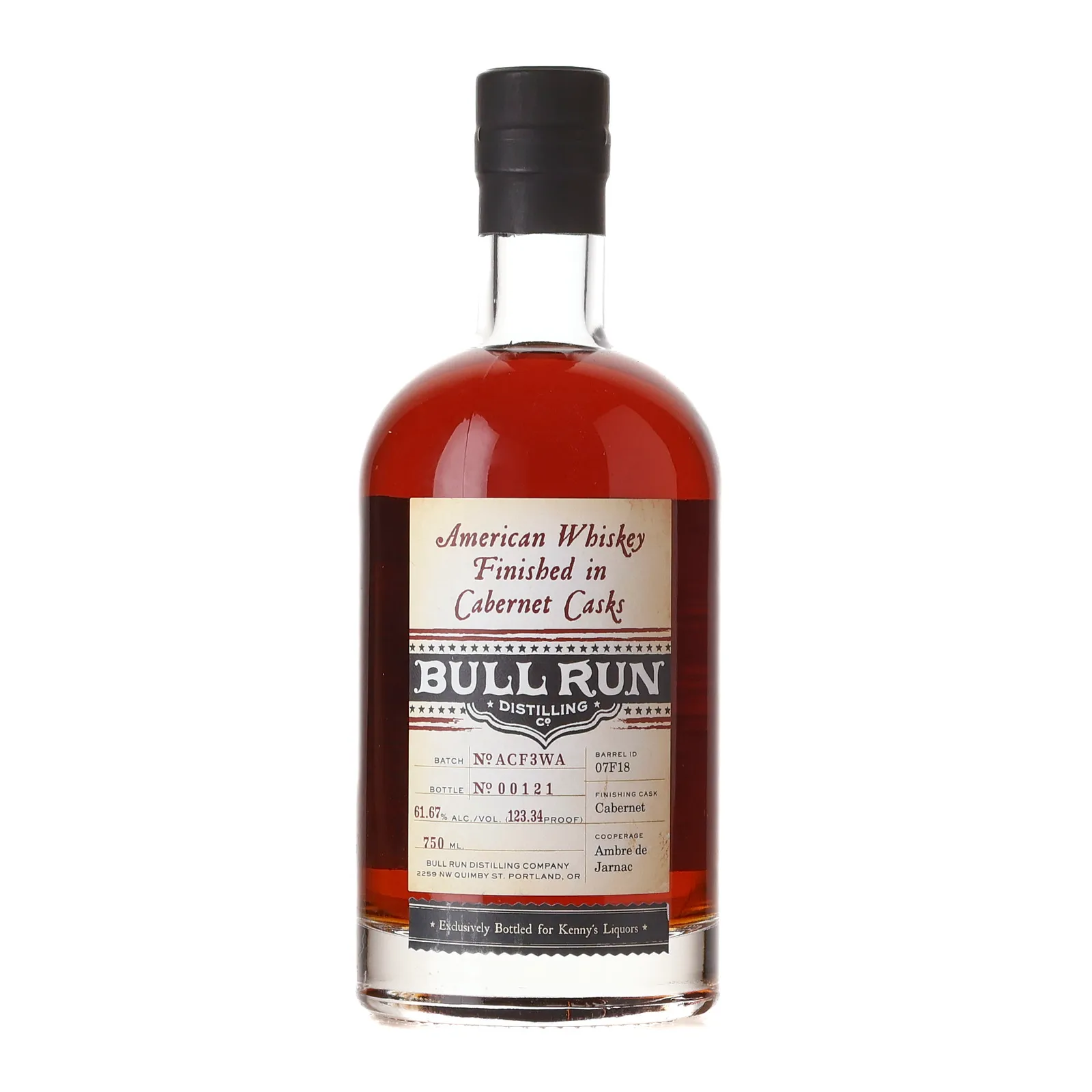 Bull Run American Whiskey Finished in Cabernet Cask Kenny's Liquors Private Barrel Selection, Cabernet Cask, Cask #07F18, Batch No. ACF3WA, 2019, 61.67% whisky bottle