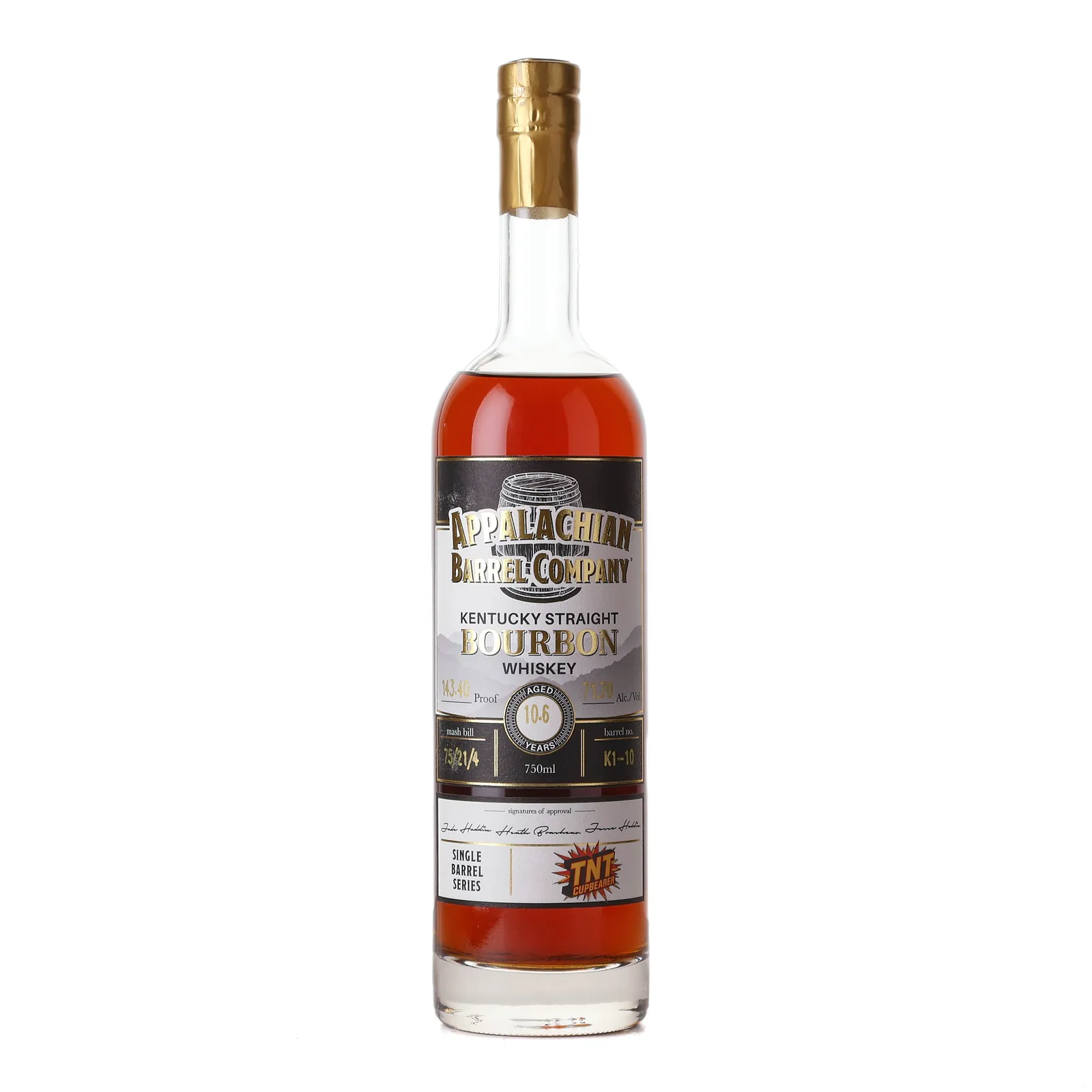 Appalachian Barrel Company Cupbearer 10 Year Old, New Charred Oak Cask, Cask #K1-10, Batch No. HAZMAT, 71.7% whisky bottle