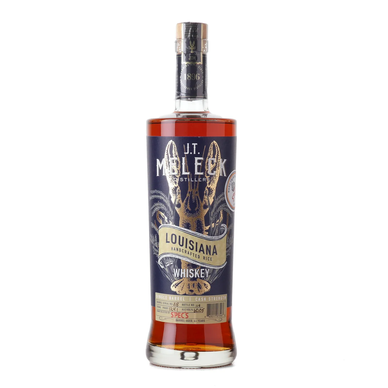 J.T. Meleck Louisiana Handcrafted Rice Whiskey Spec's Private Barrel Selection 4 Year Old, Cask #718, 62.05% whisky bottle