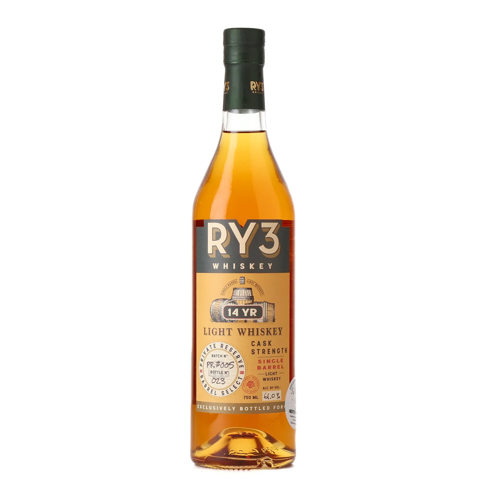 RY3 Light Whiskey 14 Year Old, Batch No. PR#005, 2022, 61% whisky bottle