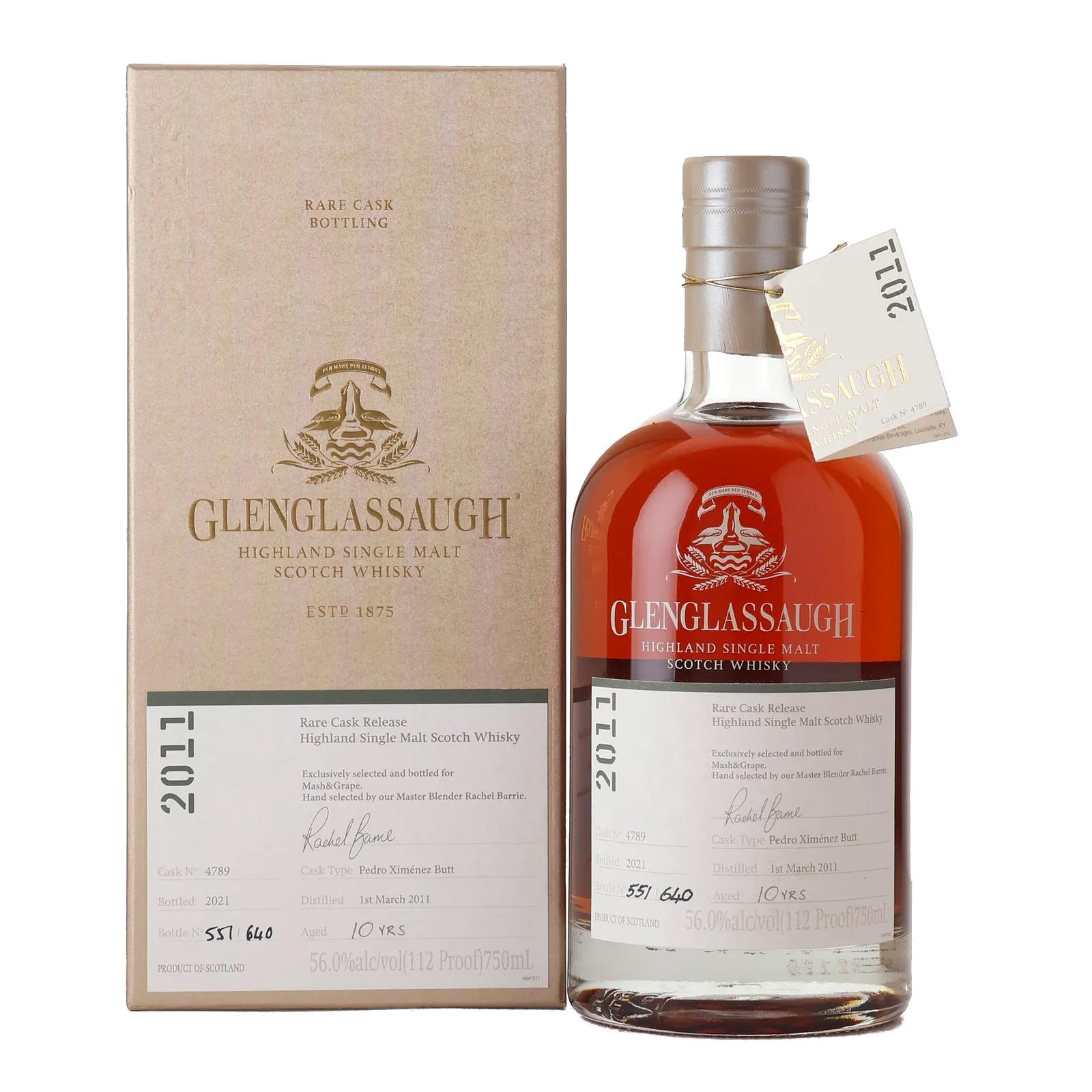 Glenglassaugh Rare Cask Release Mash&Grape Selection 10 Year Old, Pedro Ximénez Cask, Cask #4789, 2021, 56% whisky bottle