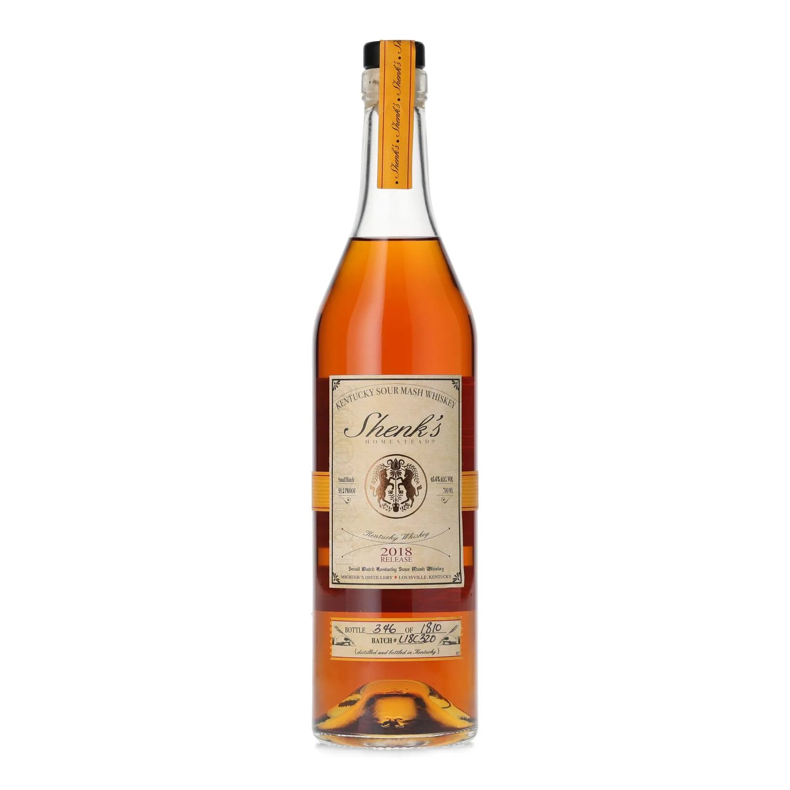 Shenk's Homestead Small Batch No. Sour Mash, Batch No. L18C320, 2018, 45.6% whisky bottle
