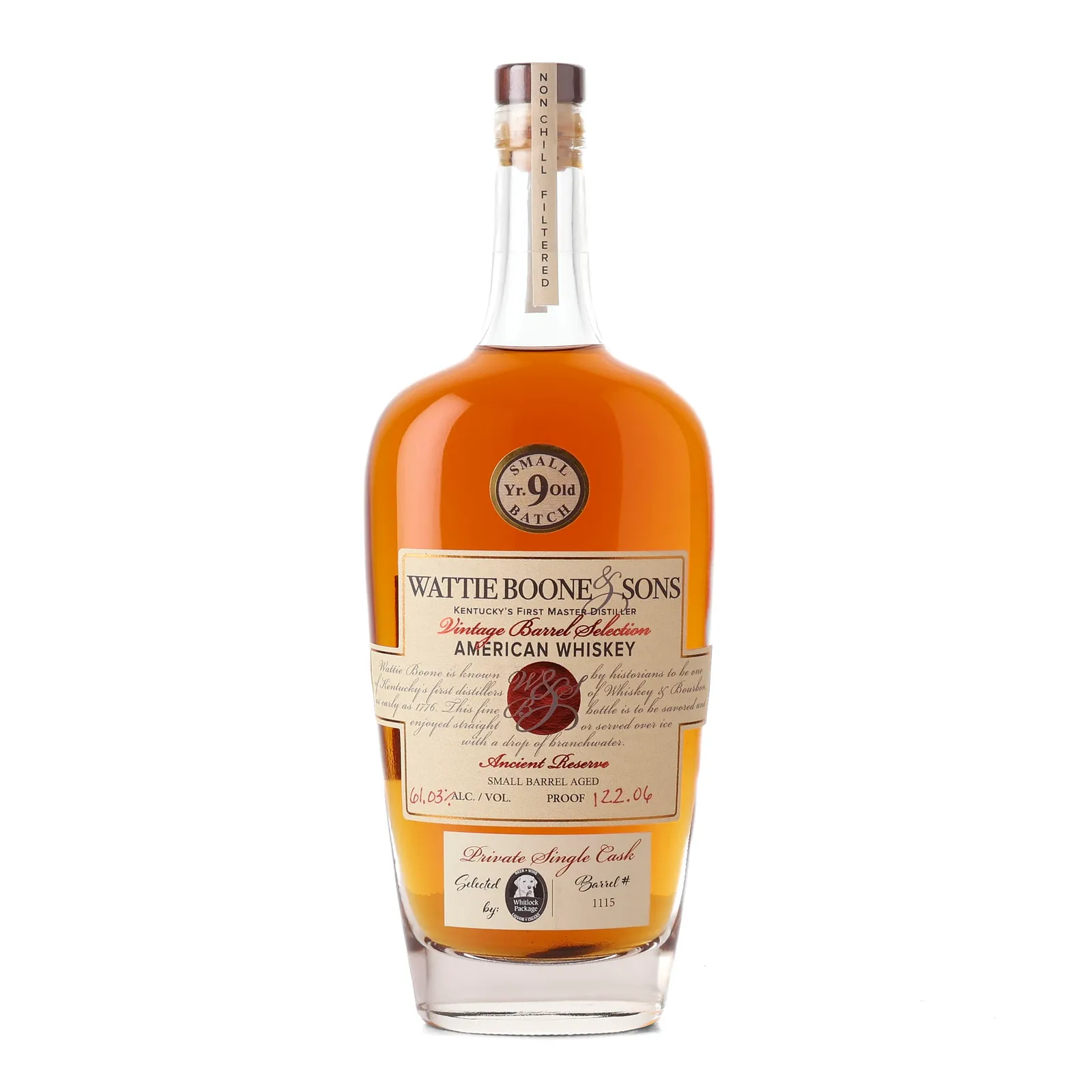 Wattie Boone & Sons Vintage Barrel Selection 9 Year Old, American Oak Cask, Cask #1115, Whitlock Package, 61.03% whisky bottle