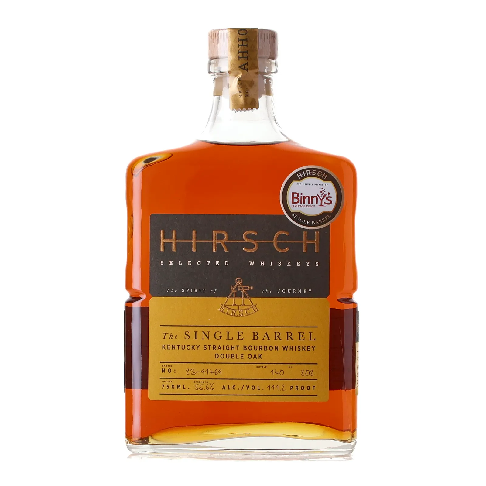 Hirsch Double Oak Single Barrel Binny's Private Barrel Selection 7 Year Old, New American Oak & Toasted Oak Cask, Cask #23-91469, Batch No. AHH0625, Binny's, 55.6% whisky bottle