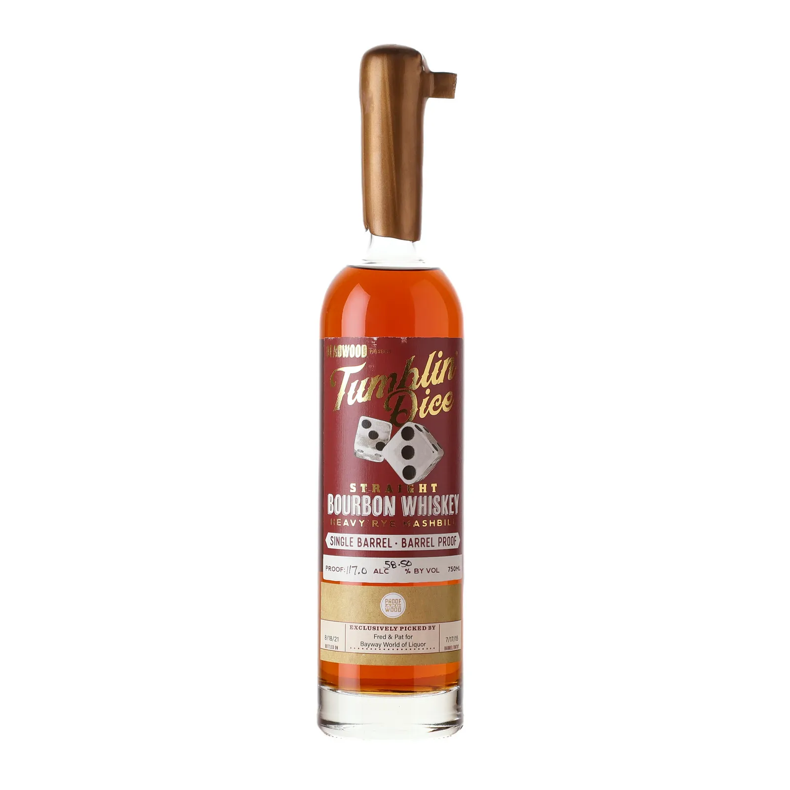 Tumblin' Dice Heavy Rye Straight Bourbon 6 Year Old, 2015, Proof & Wood, 58.5% whisky bottle