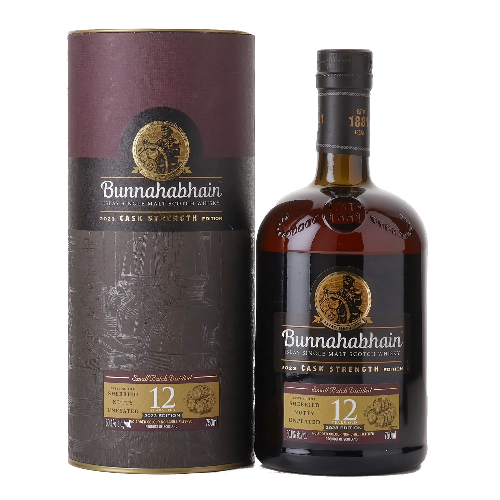Bunnahabhain Cask Strength 12 Year Old, Bourbon & Sherry Cask, 2023, 60.1% whisky bottle