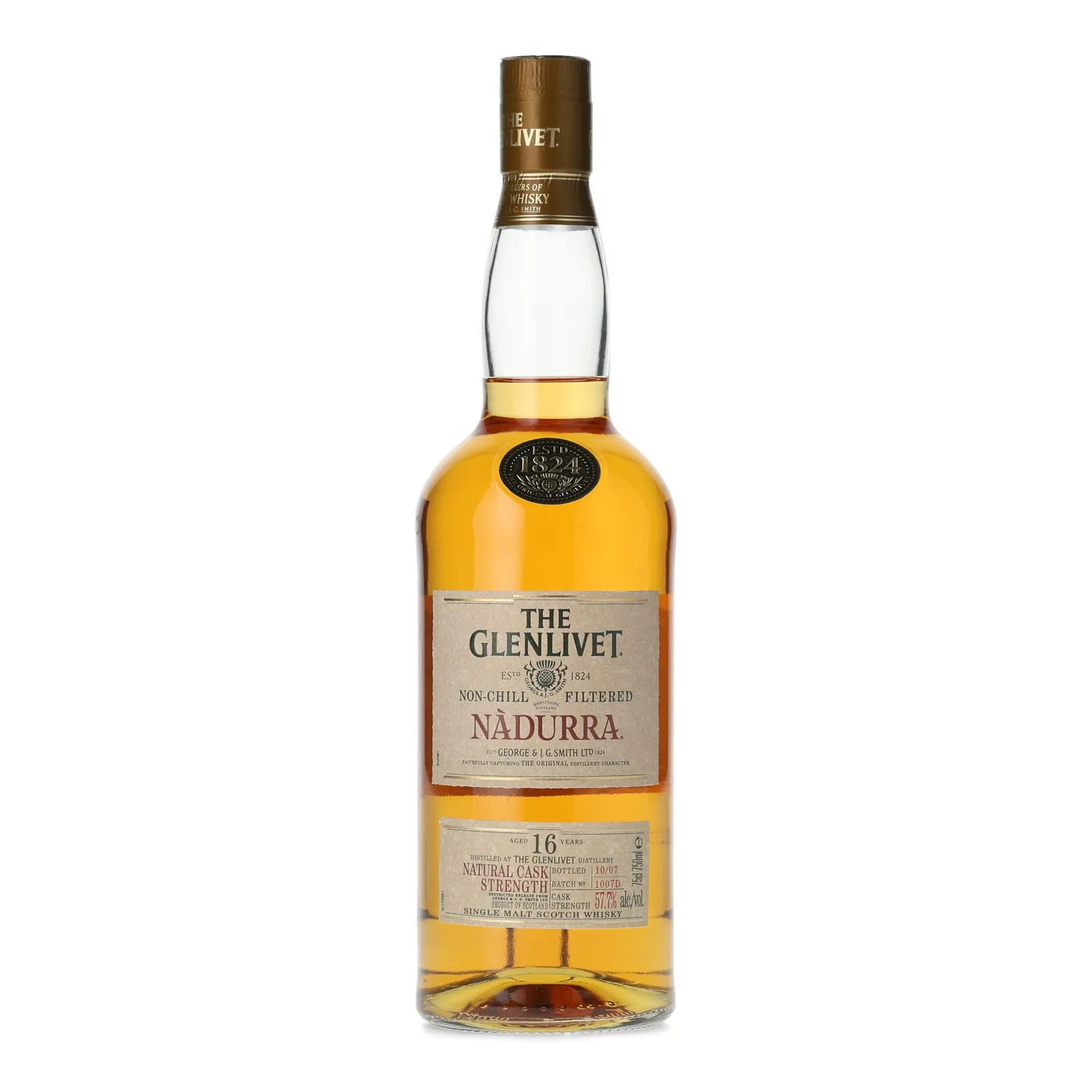 Glenlivet Nàdurra 16 Year Old, Bourbon Cask, Batch No. 1007D, 2007, 57.7% whisky bottle
