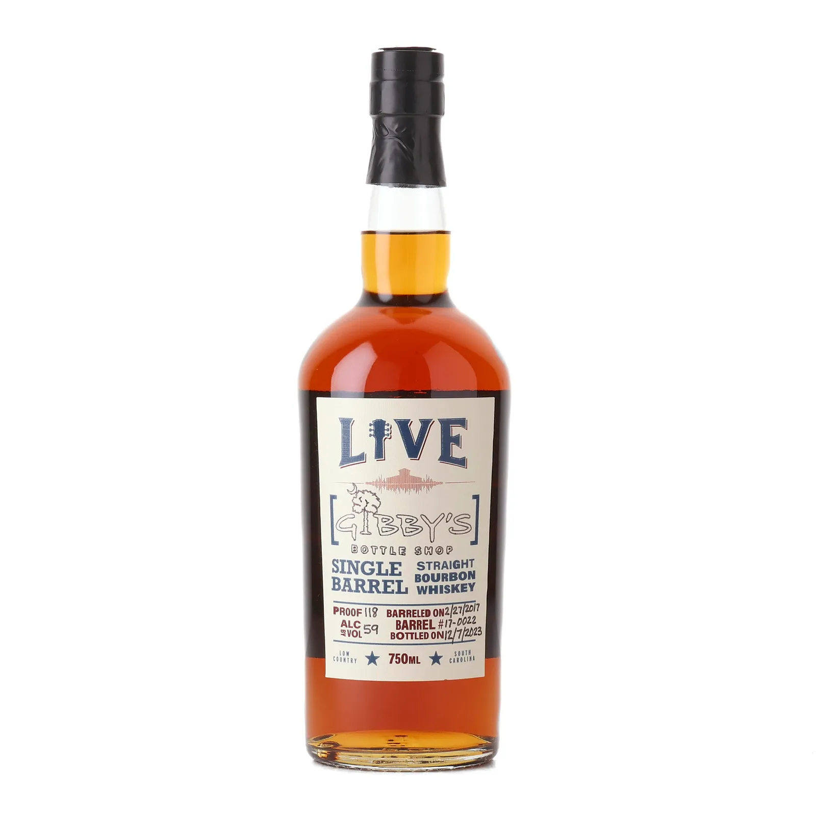 Live Single Barrel Straight Bourbon Whiskey Gibby's Bottle Shop 6 Year Old, Cask #17-0022, 2023, 59% whisky bottle
