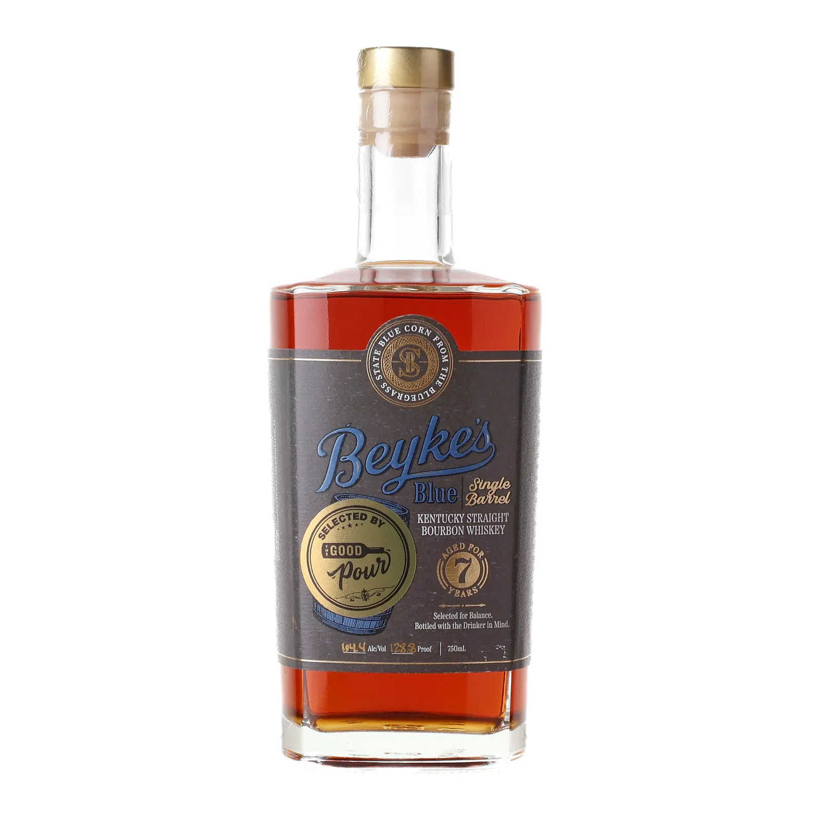 Beyke's Blue Corn Bourbon 'Good Pour' Private Barrel Selection 7 Year Old, New Charred Oak Cask, Manifest Distilling LLC, 64.4% whisky bottle