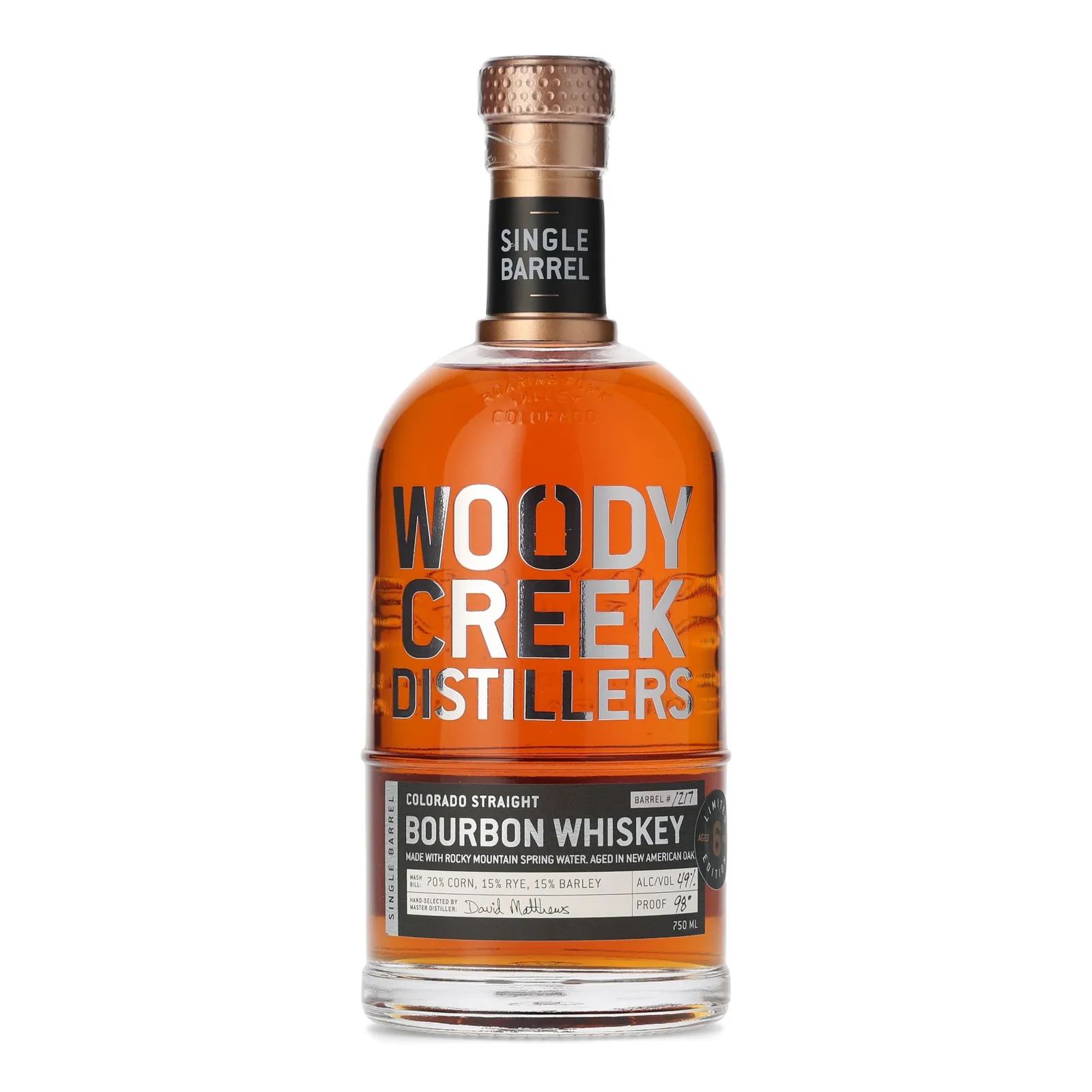 Woody Creek Colorado Straight Bourbon Whiskey Single Barrel 6 Year Old, New American Oak Cask, Cask #1217, 49% whisky bottle