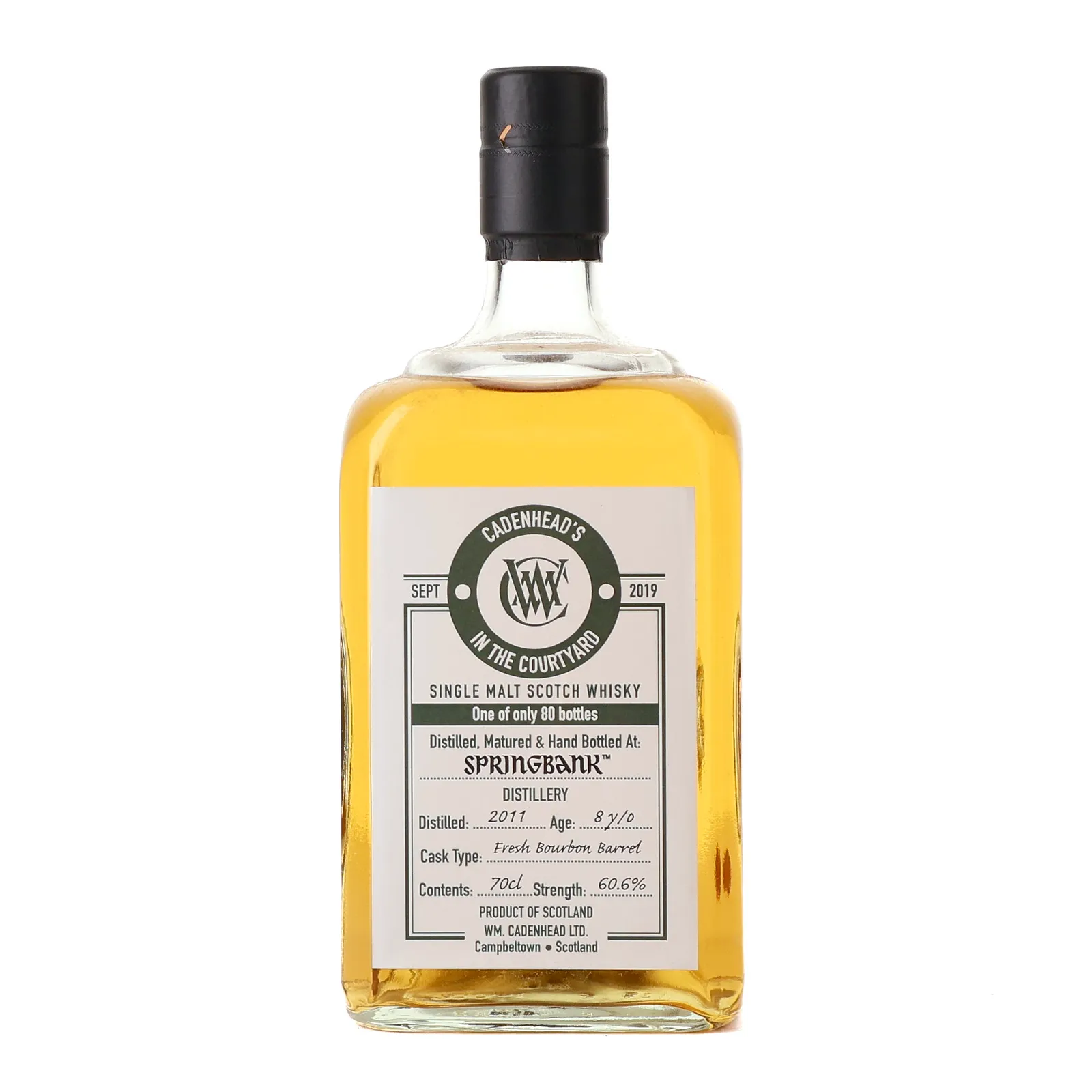 Springbank In The Courtyard 8 Year Old, Bourbon Cask, 2011, Cadenhead's, 60.6% whisky bottle