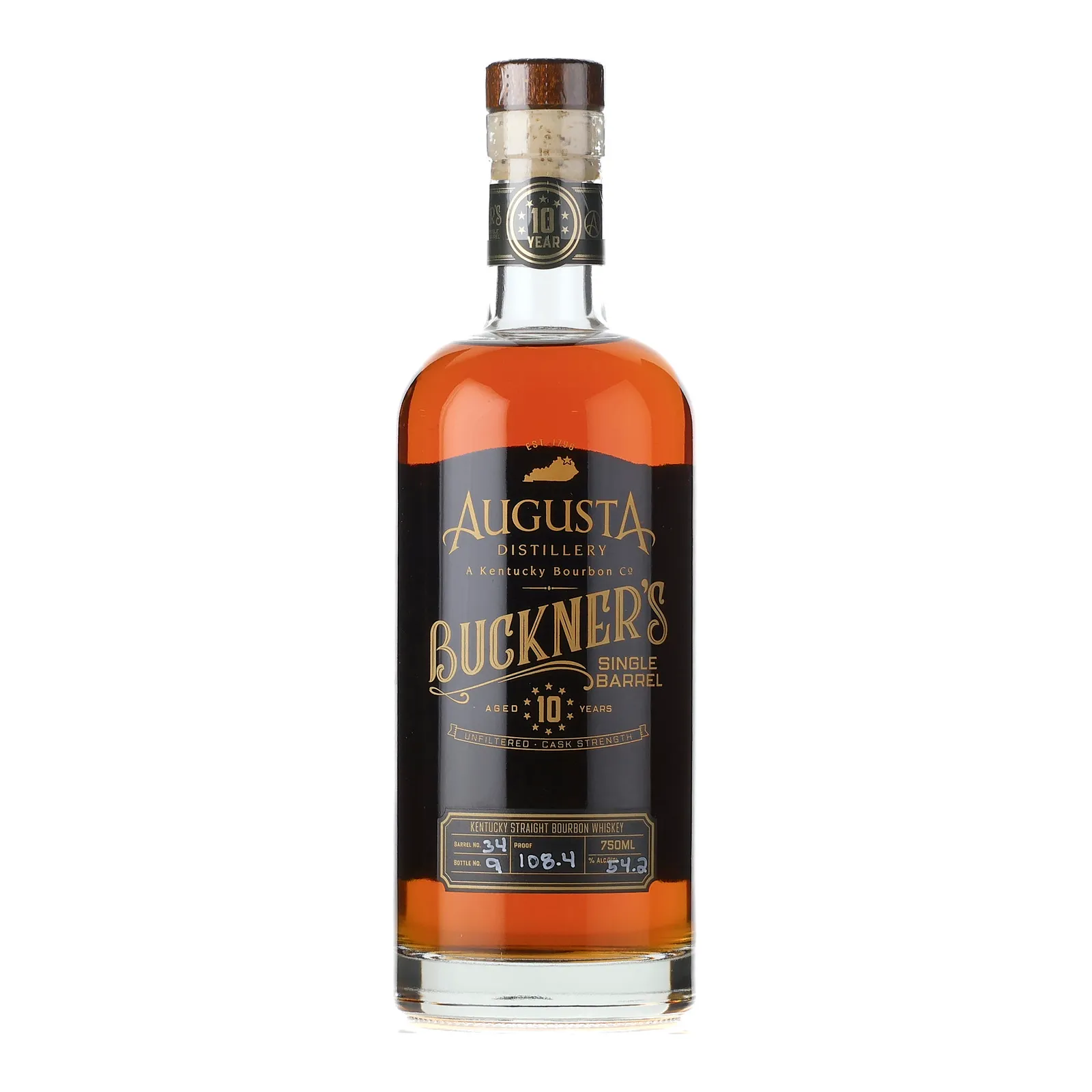 Augusta Distillery Buckner's Single Barrel 10 Year Old, New Charred Oak Cask, Cask #34, 54.2% whisky bottle