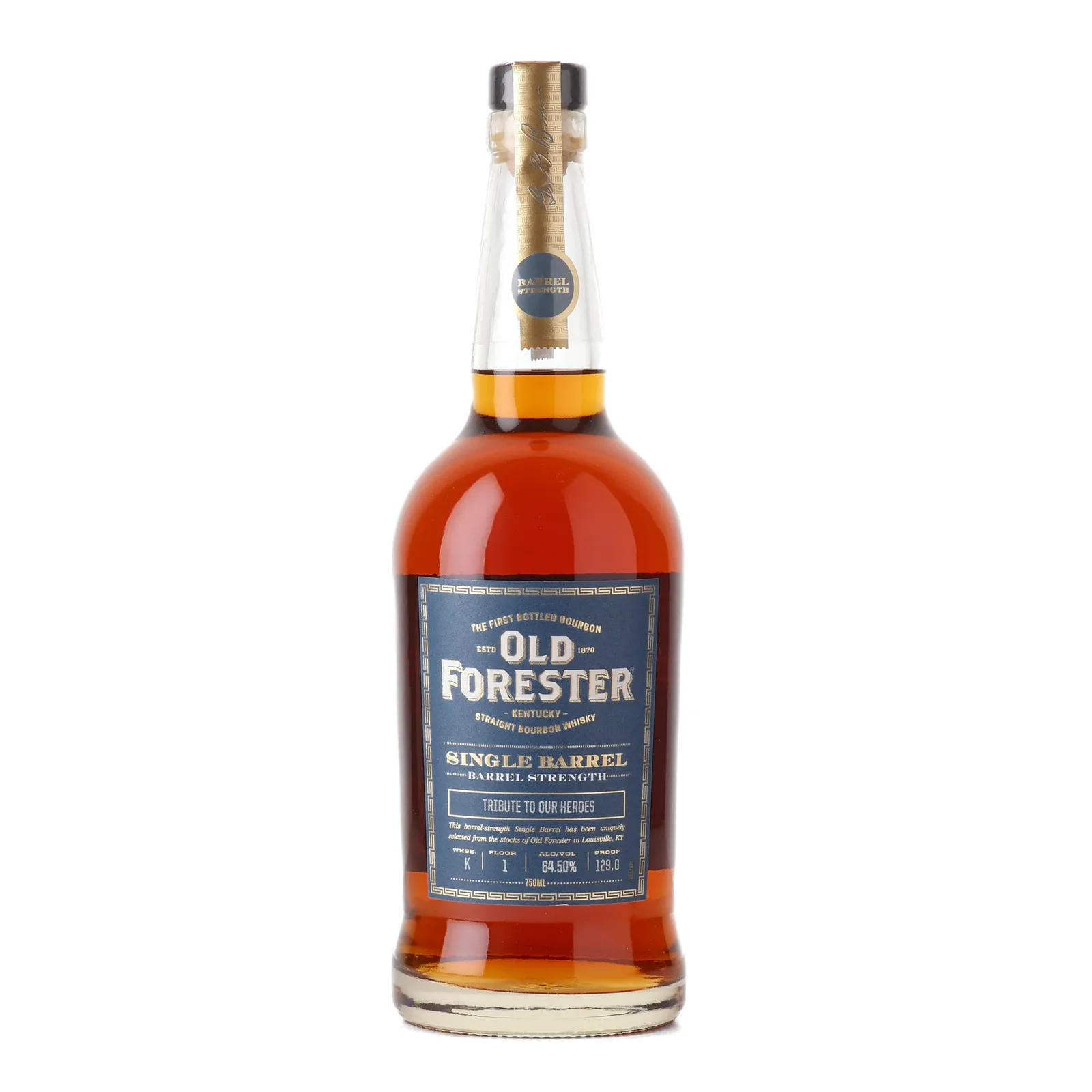 Old Forester Single Barrel Barrel Strength 'Tribute to Our Heroes' Private Barrel Selection, New Charred Oak Cask, 64.5% whisky bottle