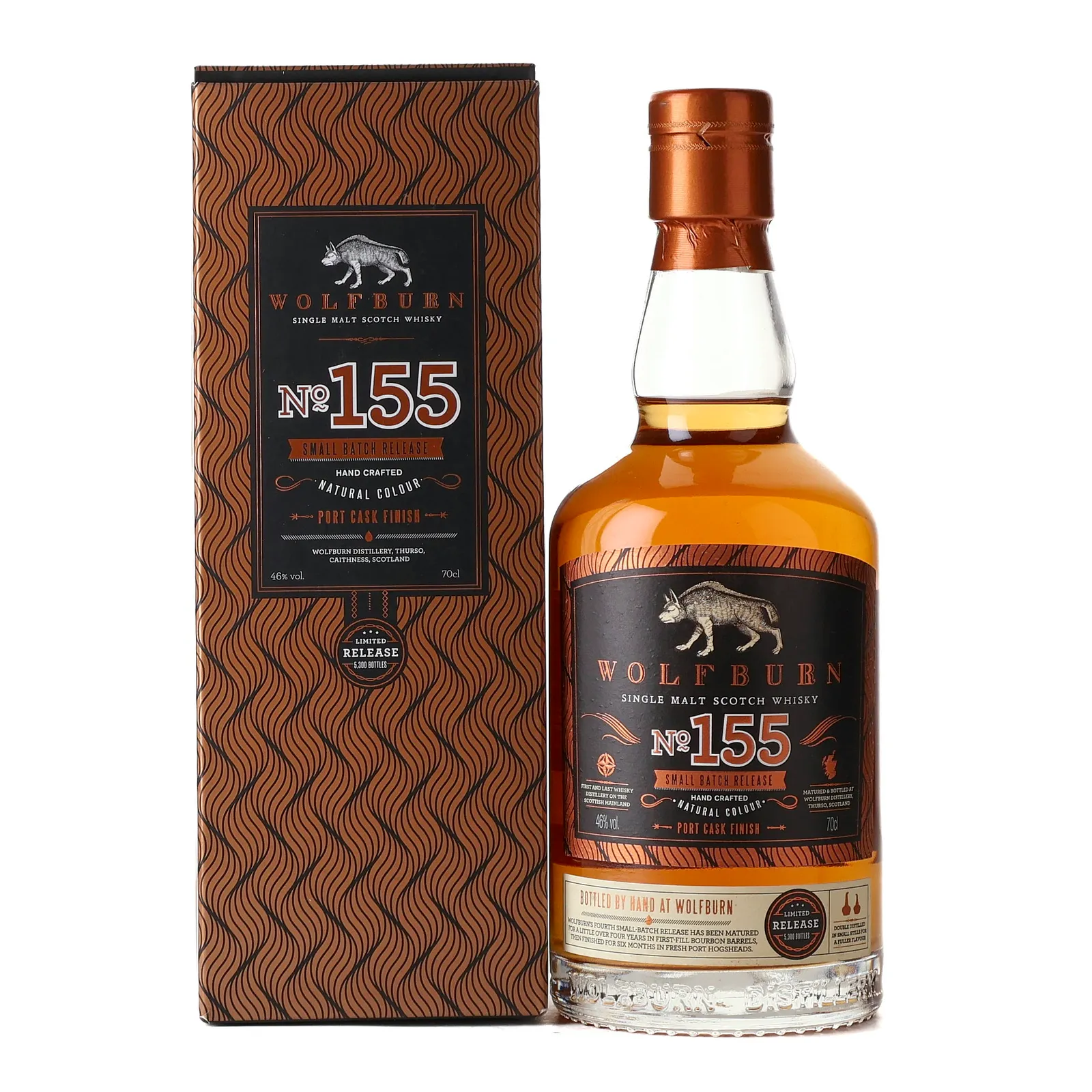 Wolfburn No. 155 Small Batch Release 4 Year Old, Bourbon & Port Cask, Batch No. 155, 2020, 46% whisky bottle