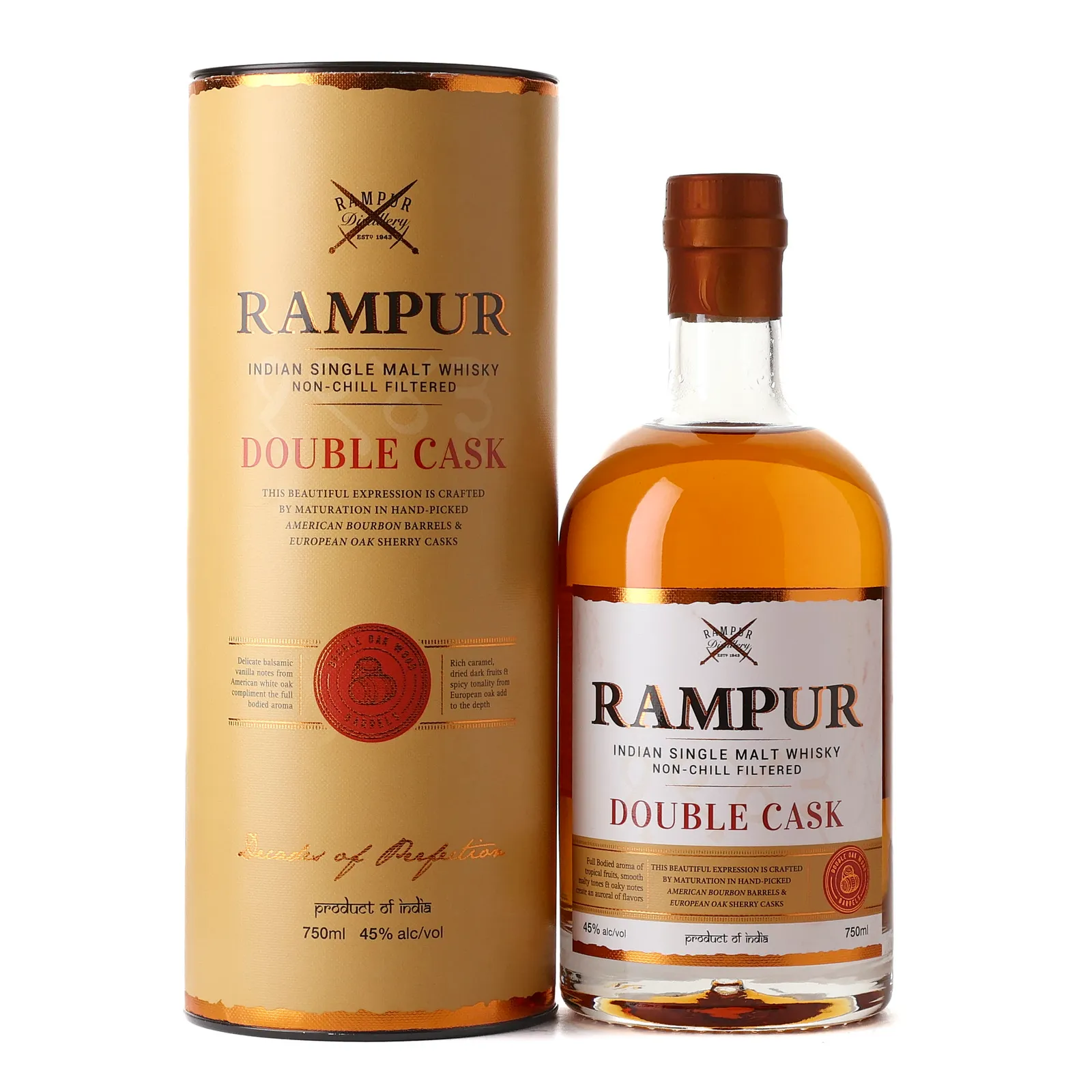 Rampur Double Cask, Batch No. 1638, 45% whisky bottle