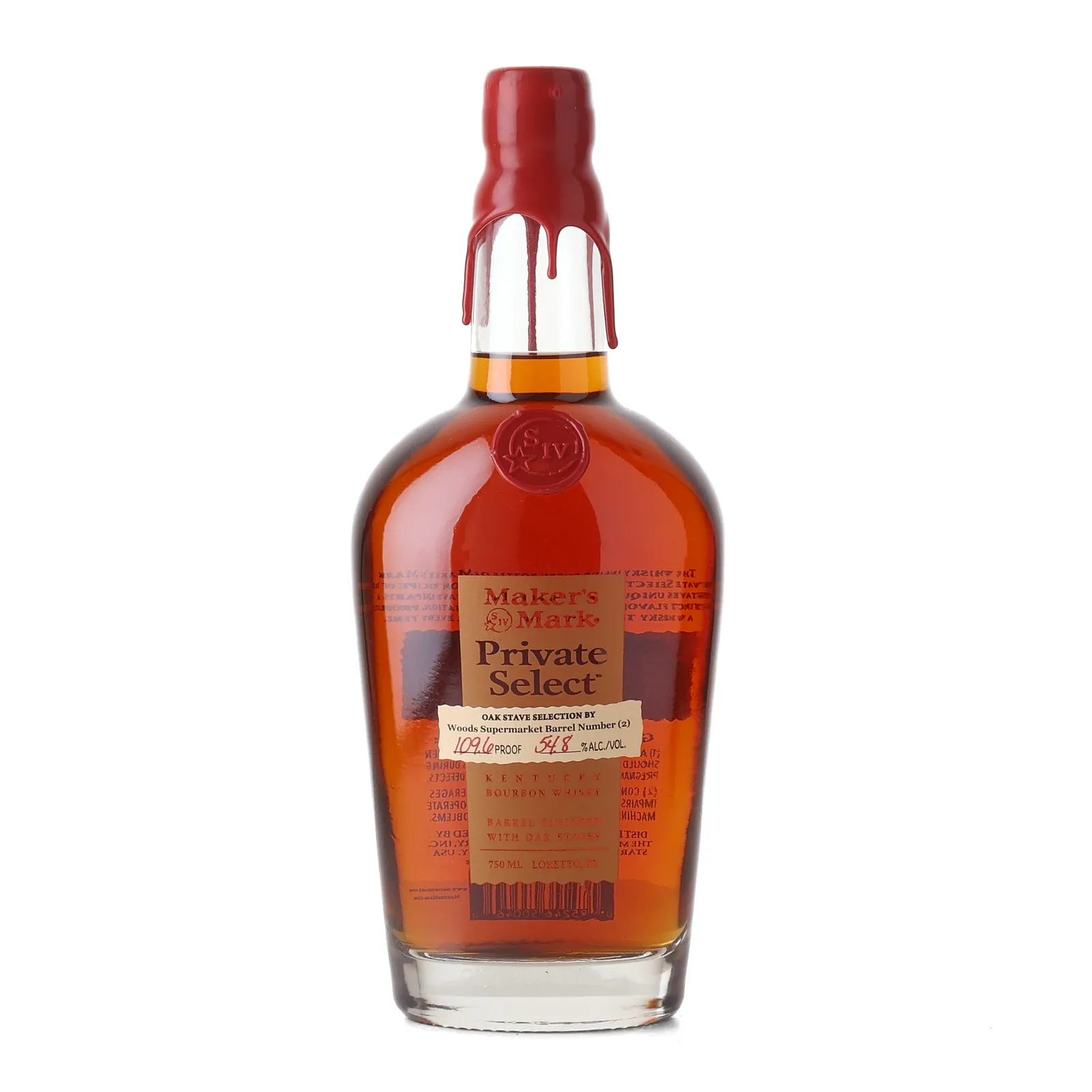 Maker's Mark Private Select 'Woods Supermarket' Bourbon, New Charred Oak Cask & Oak Finishing Staves, 54.8% whisky bottle