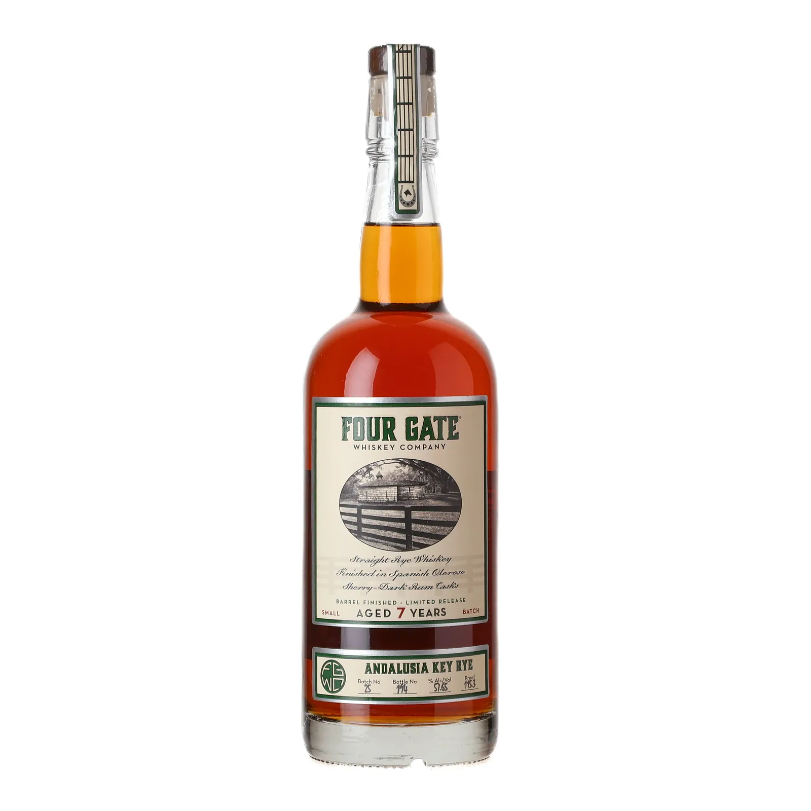Four Gate Andalusia Key Rye 7 Year Old, Dark Rum & Spanish Oloroso Sherry Cask, Batch No. 25, 57.6% whisky bottle
