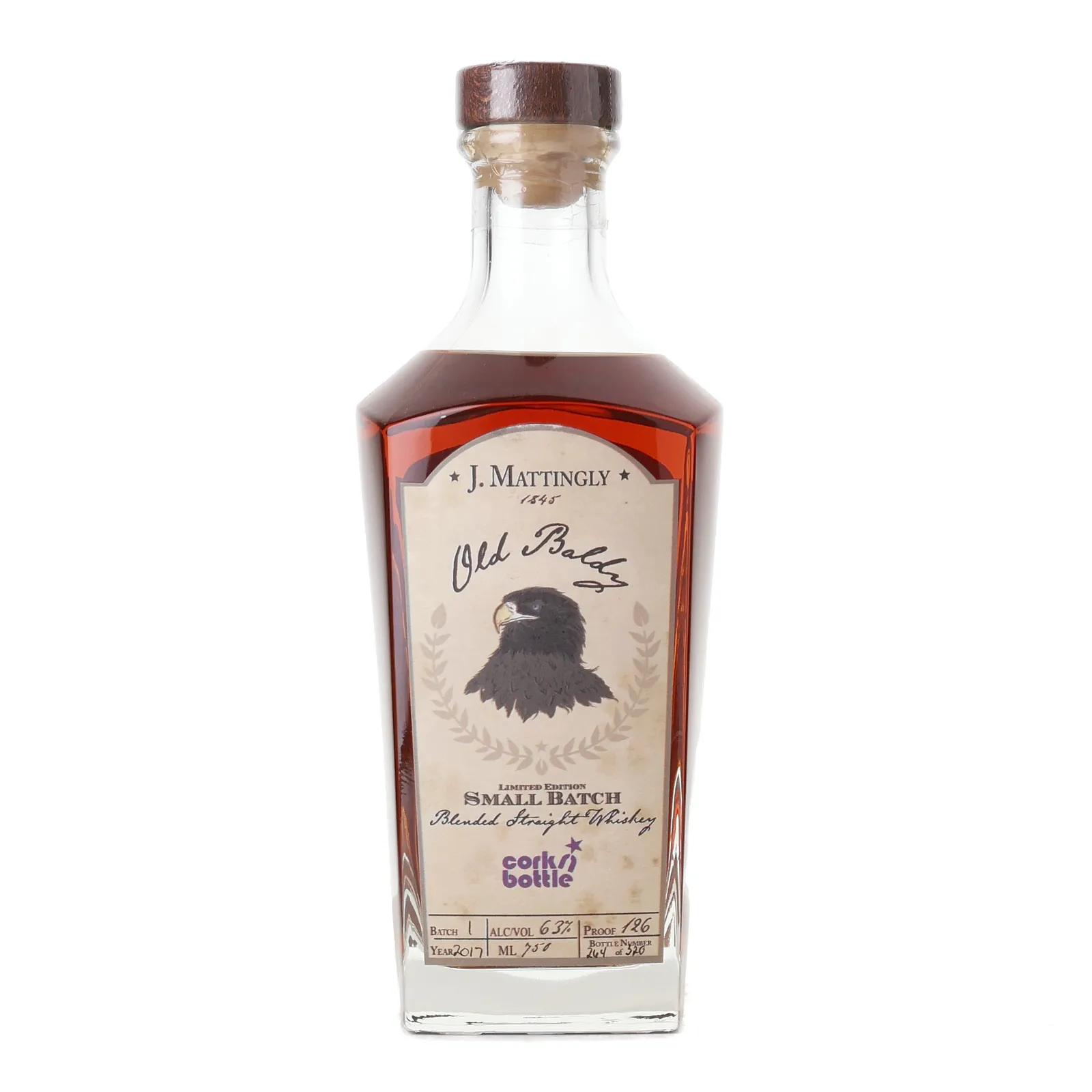 J. Mattingly Old Baldy Small Batch No. Blended Straight Whiskey Cork 'n Bottle Private Barrel Selection, Batch No. 1, 2017, 63% whisky bottle