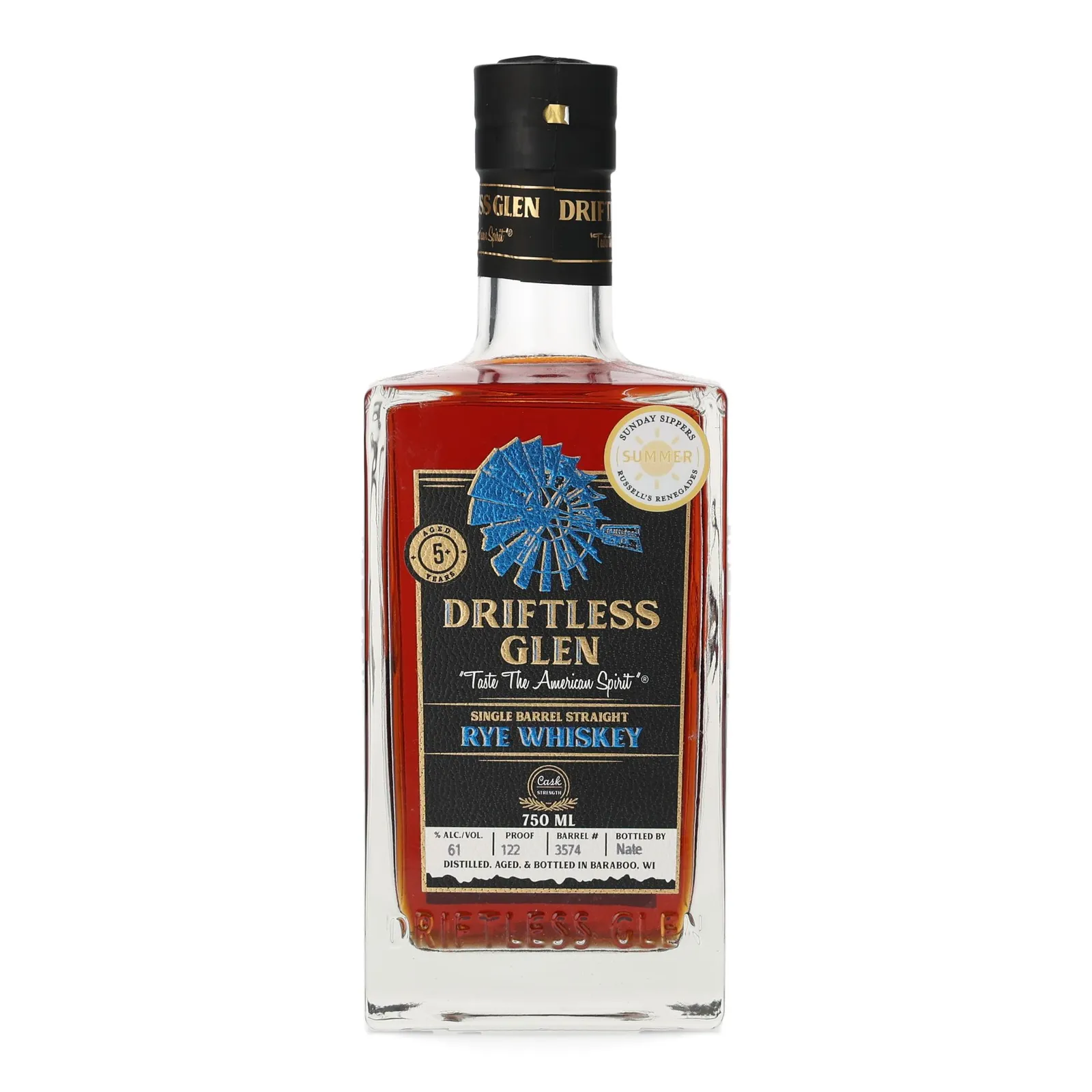 Driftless Glen Single Barrel Straight Rye 'Sunday Sippers x Russell's Renegades' 5 Year Old, Cask #3574, 2023, 61% whisky bottle