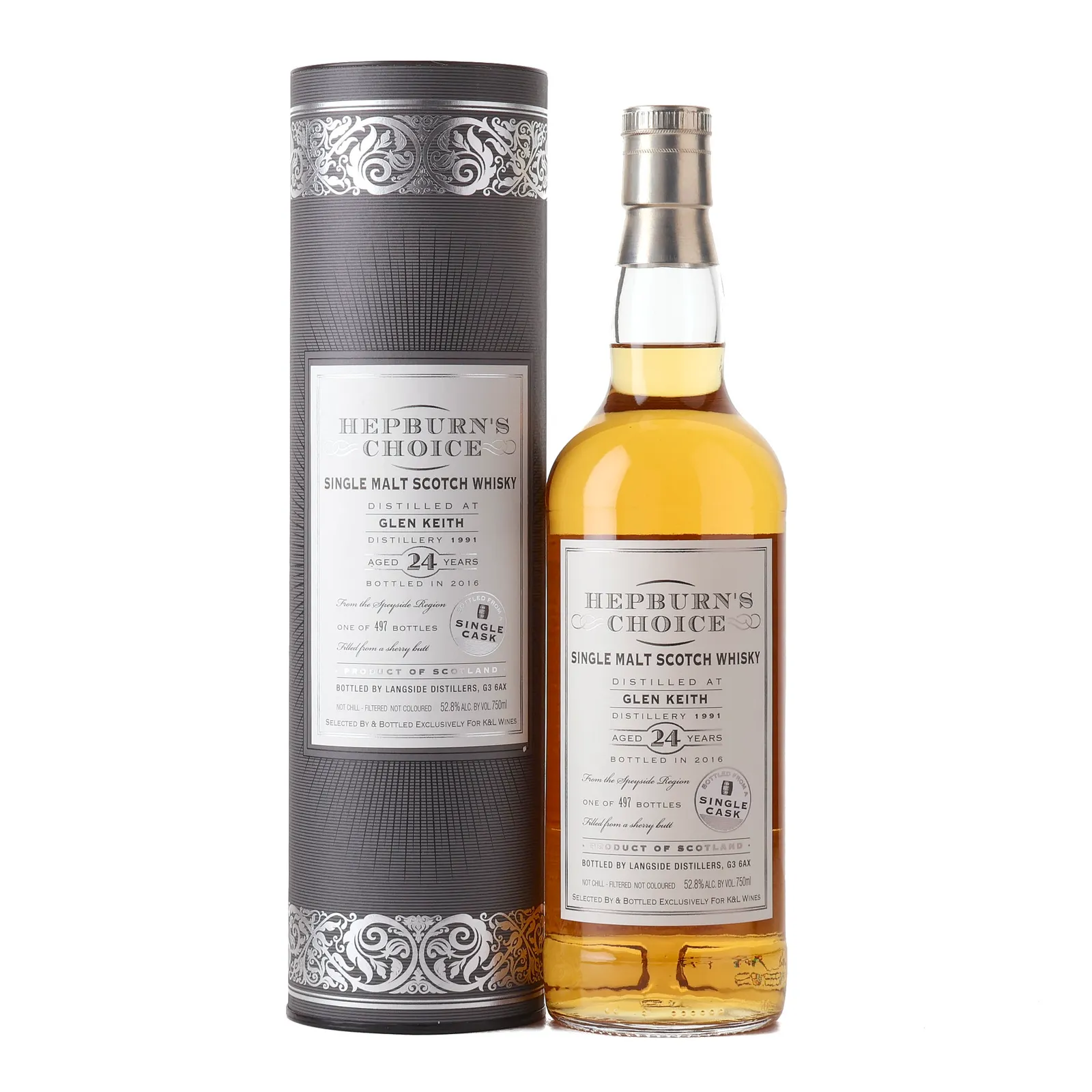 Glen Keith Hepburn's Choice 24 Year Old, Sherry Cask, 1991, Langside Distillers, 52.8% whisky bottle