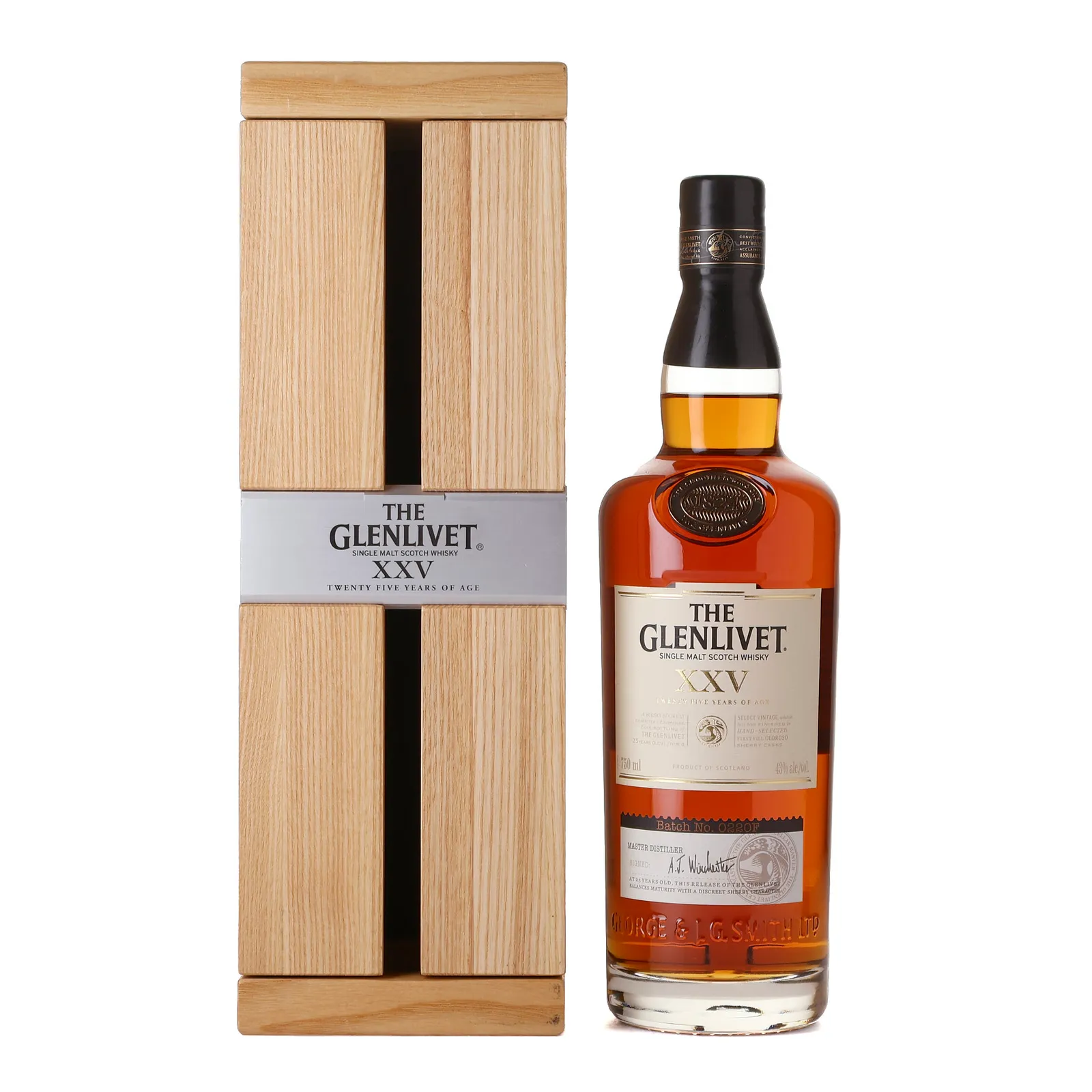 Glenlivet XXV 25 Year Old, Sherry Cask, Batch No. 0220F, 43% whisky bottle