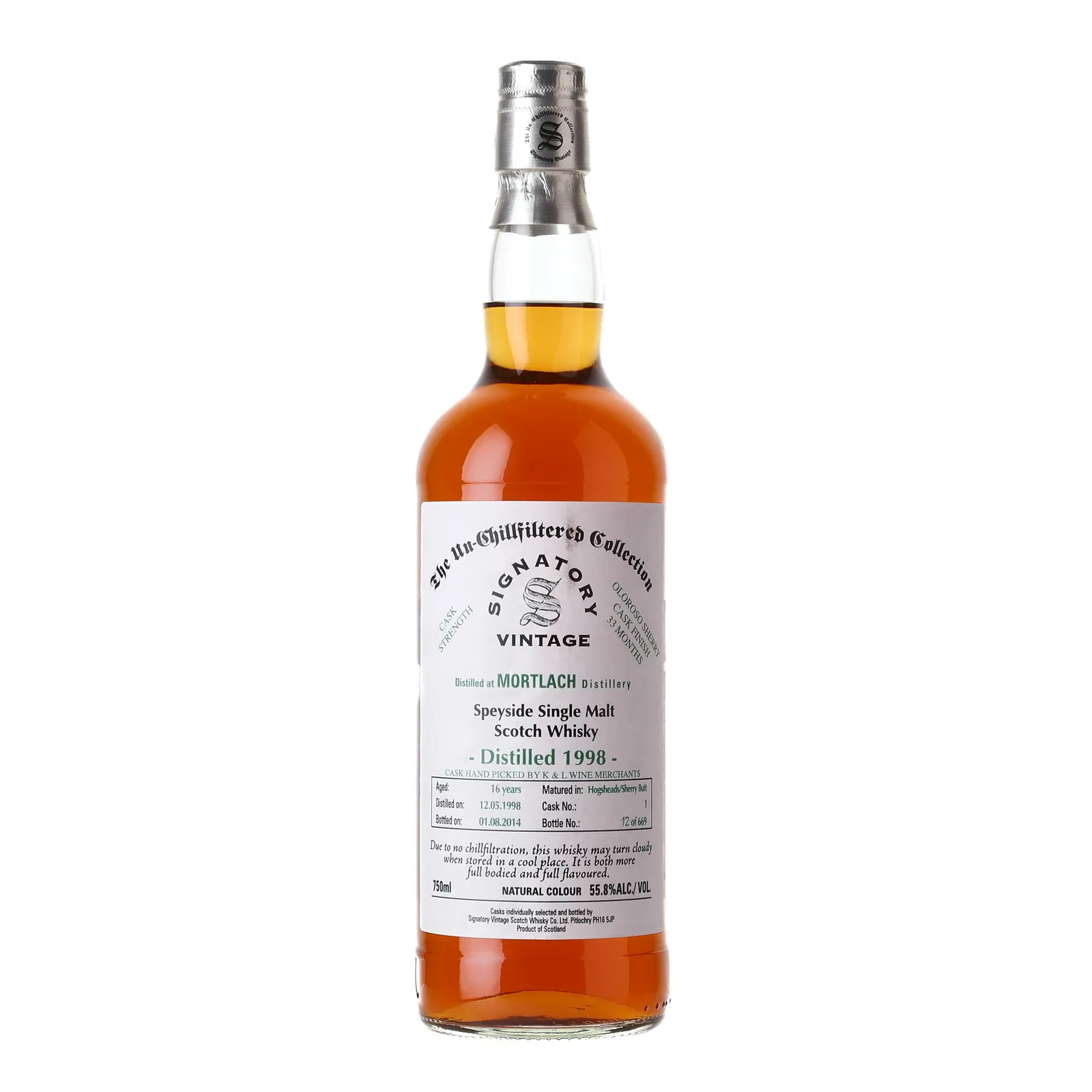 Mortlach Signatory Vintage Un-Chillfiltered Collection 16 Year Old, Oloroso Sherry Cask, Cask #1, 1998, Signatory Vintage, 55.8% whisky bottle