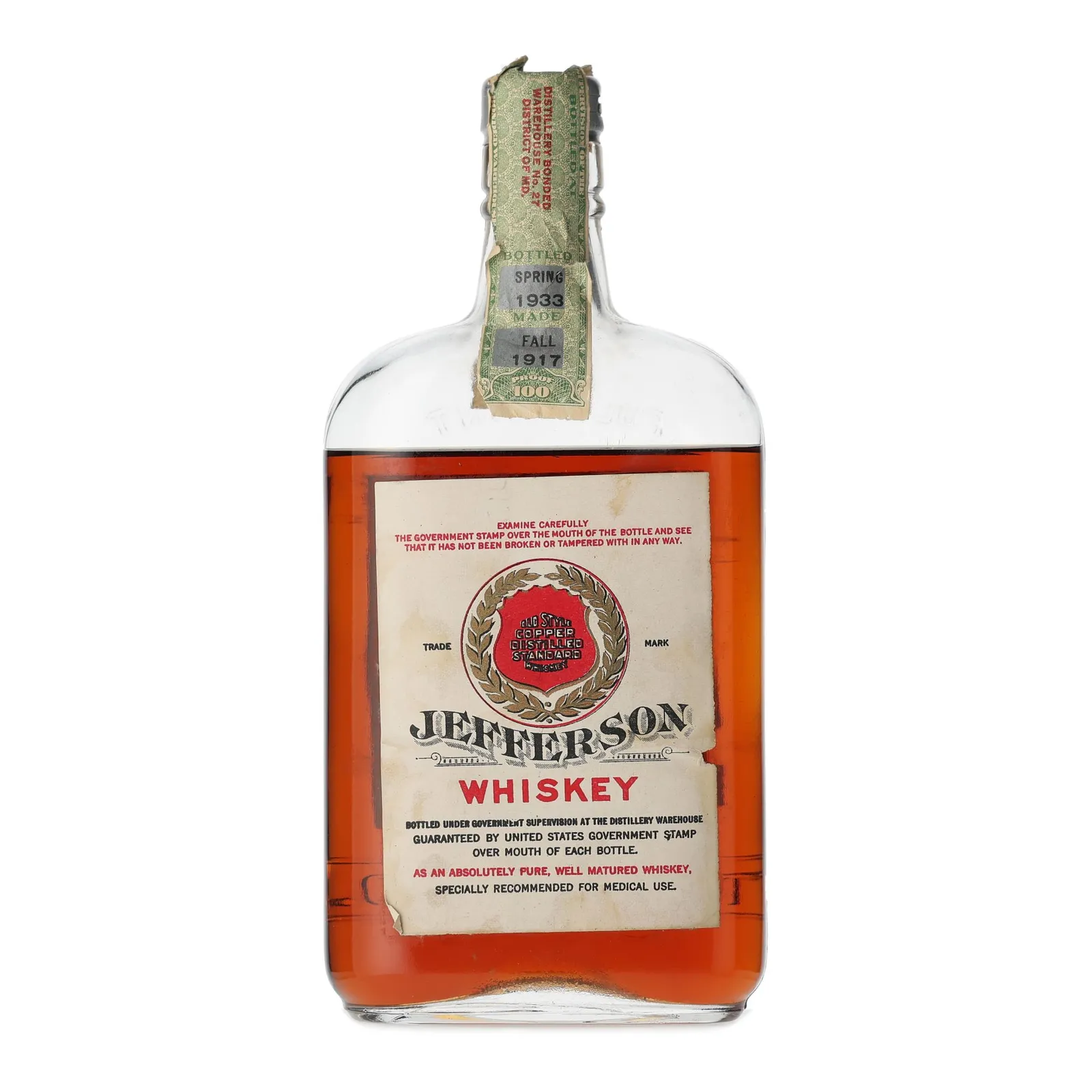 Jefferson Whiskey 15 Year Old, 1933, 50% whisky bottle