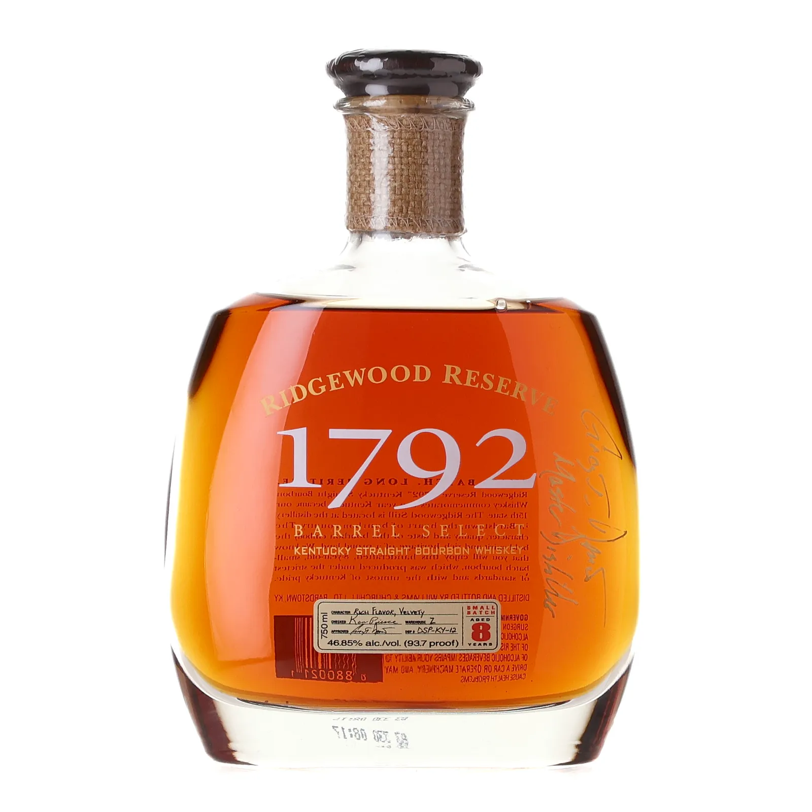 1792 Ridgewood Reserve Barrel Select 8 Year Old, New Charred Oak Cask, Cask #1, Batch No. 2, 46.9% whisky bottle