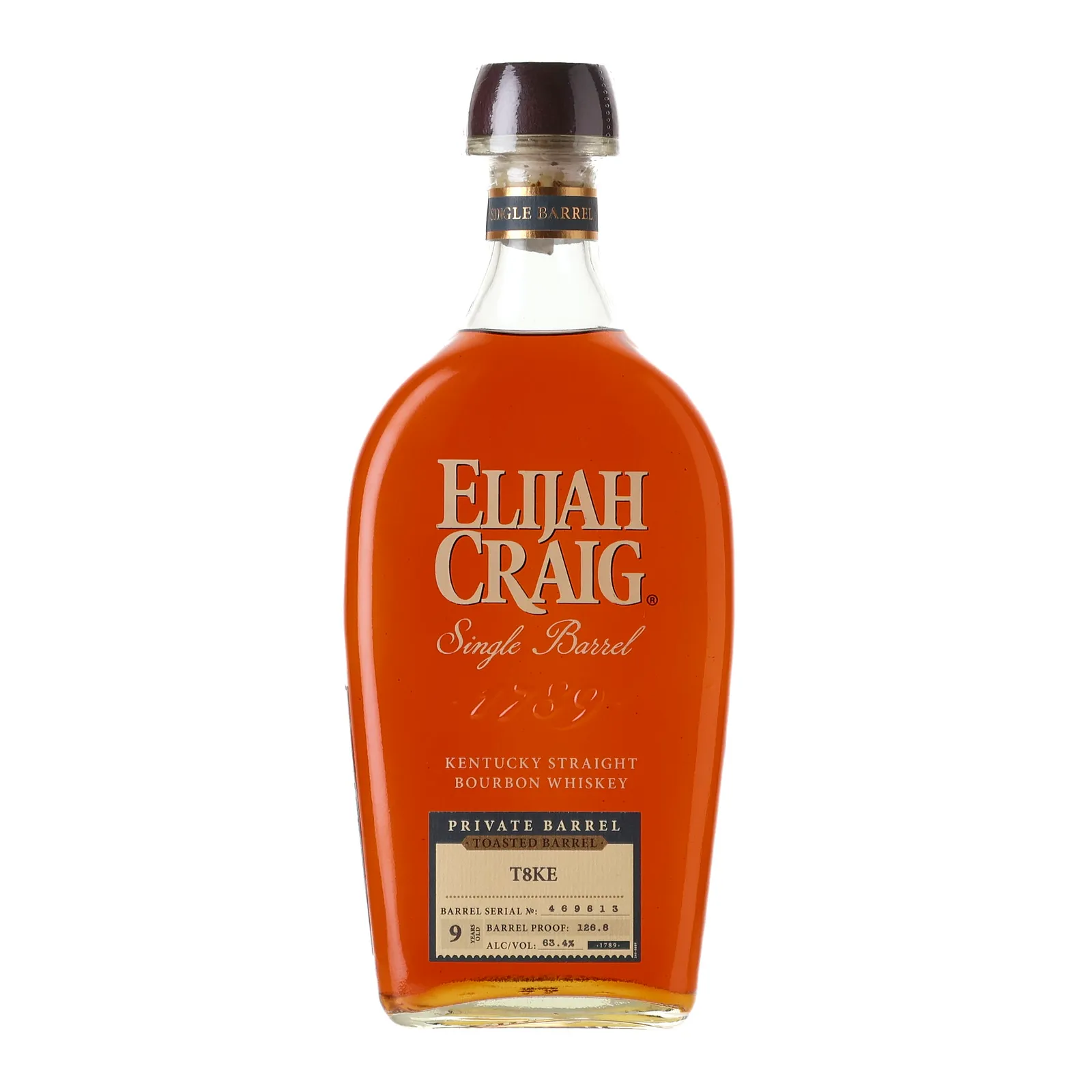 Elijah Craig Toasted Barrel Proof Bourbon 'T8KE' Private Barrel Selection 9 Year Old, Toasted Barrel Cask, Cask #469613, 63.4% whisky bottle