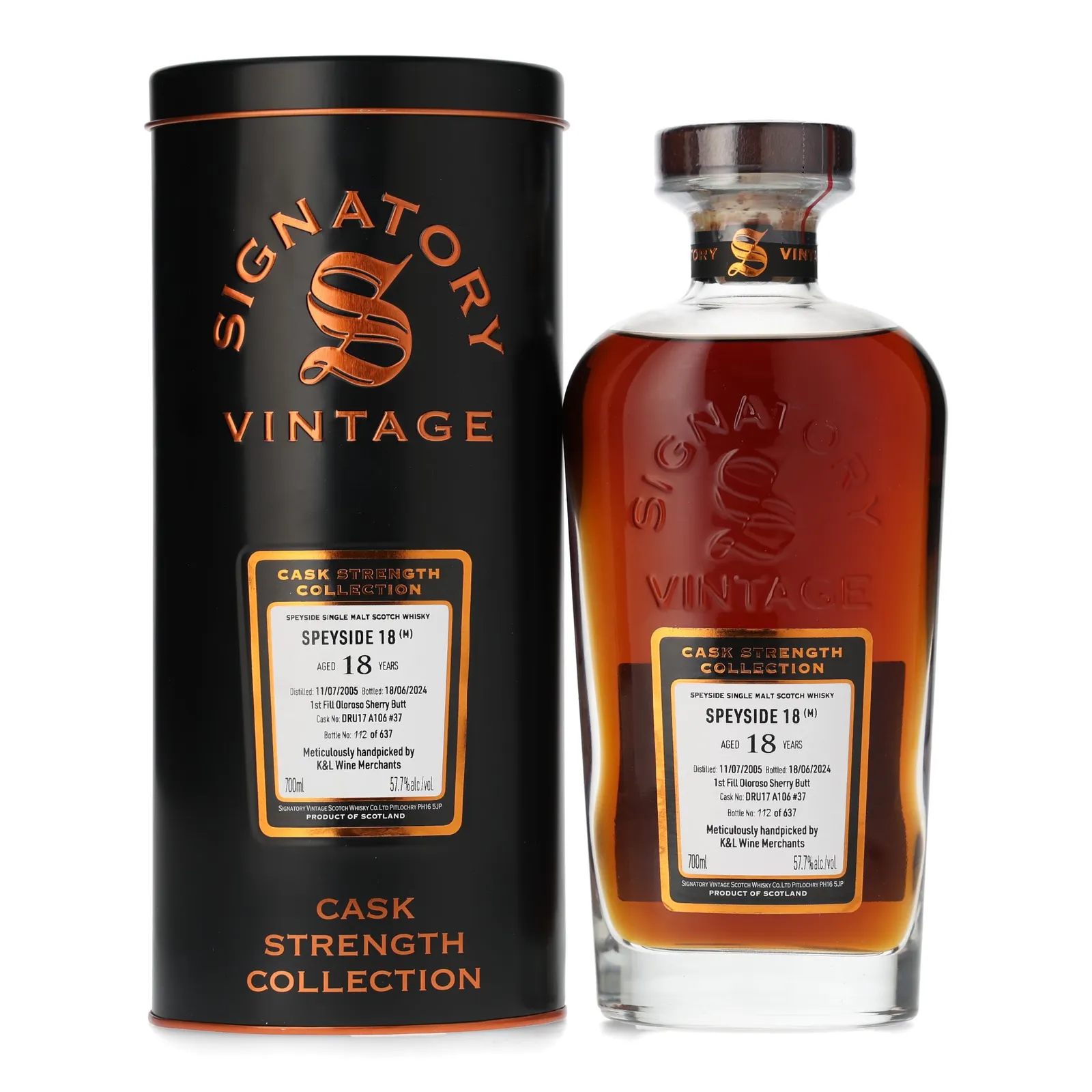 Speyside (M) Cask Strength Collection 18 Year Old, Sherry Cask, Cask #DRU17 A106 #37, 2005, Signatory Vintage, 57.7% whisky bottle