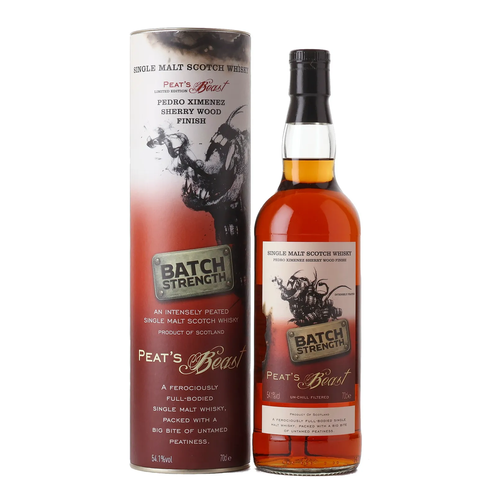 Peat's Beast Batch Strength Pedro Ximénez Finish, Ex-Bourbon & Pedro Ximénez Sherry Cask, Fox Fitzgerald, 54.1% whisky bottle