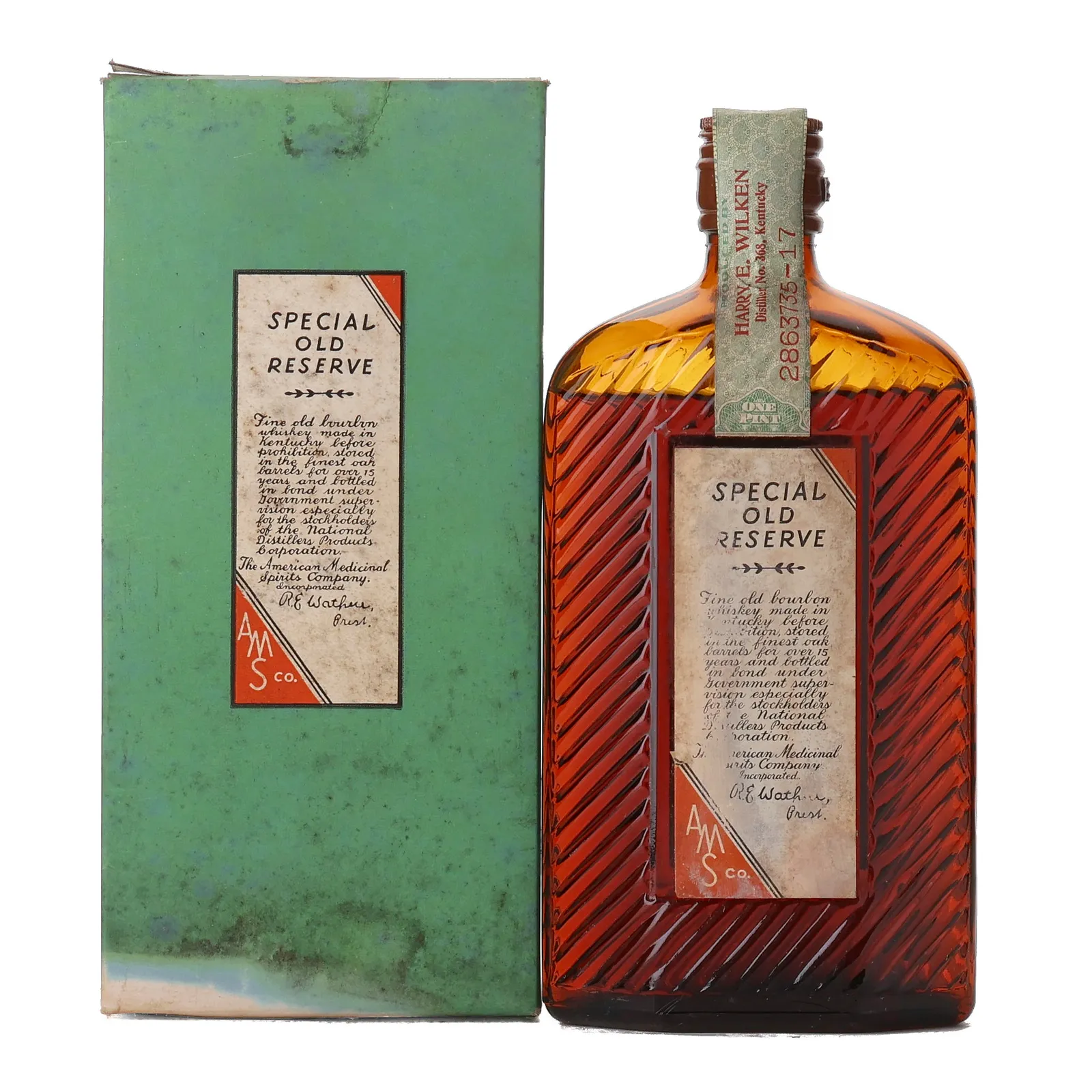 American Medicinal Spirits Company Special Old Reserve 15 Year Old, New Charred Oak Cask, 1932, 50% whisky bottle