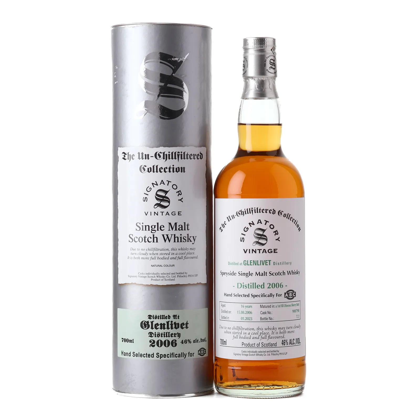 Glenlivet The Un-Chillfiltered Collection 'ABC' Private Barrel Selection 16 Year Old, Hogshead Cask, Cask #900798, 2006, Signatory Vintage, 46% whisky bottle