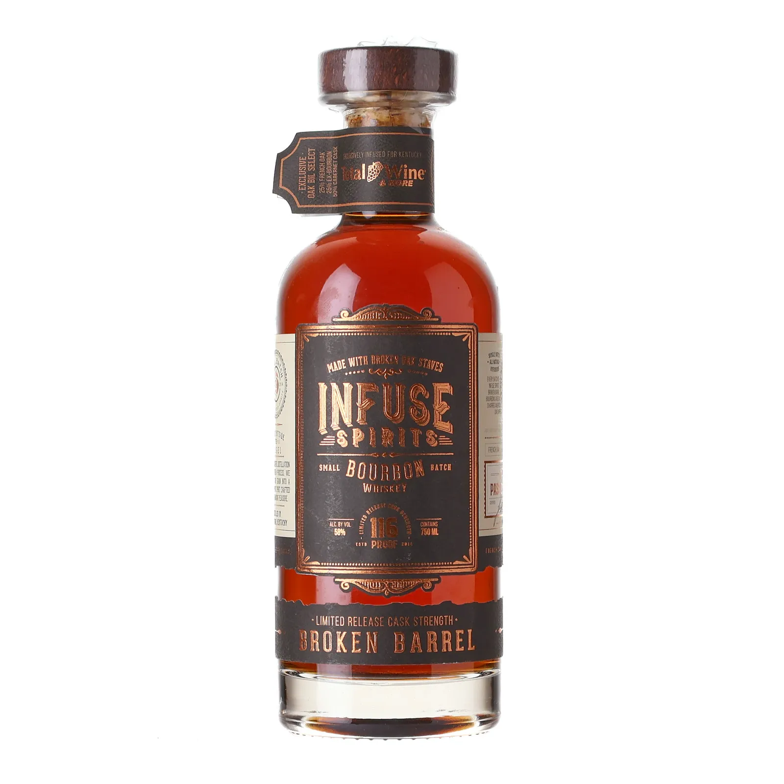 Broken Barrel Cask Strength Bourbon Total Wine Private Barrel Selection, Bourbon & Cabernet & French Oak Cask, Batch No. 001, 58% whisky bottle