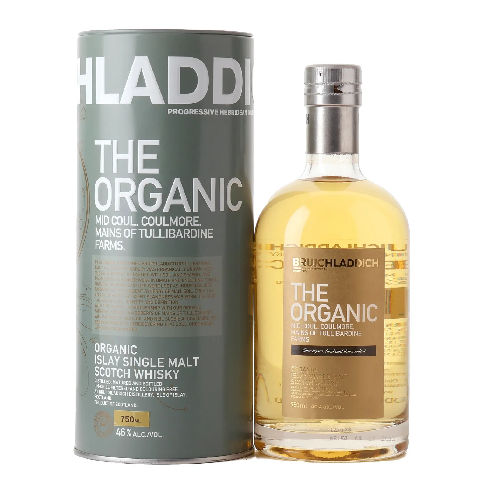 Bruichladdich The Organic Mid Coul, Coulmore, Mains of Tullibardine Farms, Bourbon Cask, 2012, 46% whisky bottle