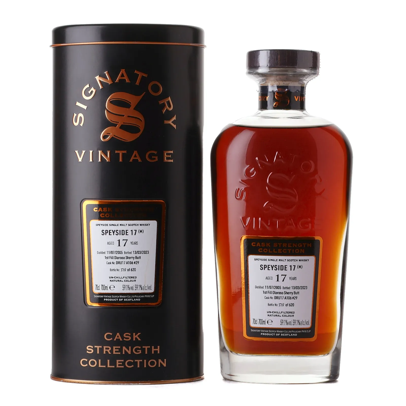 Undisclosed Speyside (M) 17 Year Old, Oloroso Sherry Cask, Cask #DRU17 A106 #29, 2005, Signatory Vintage, 59.1% whisky bottle