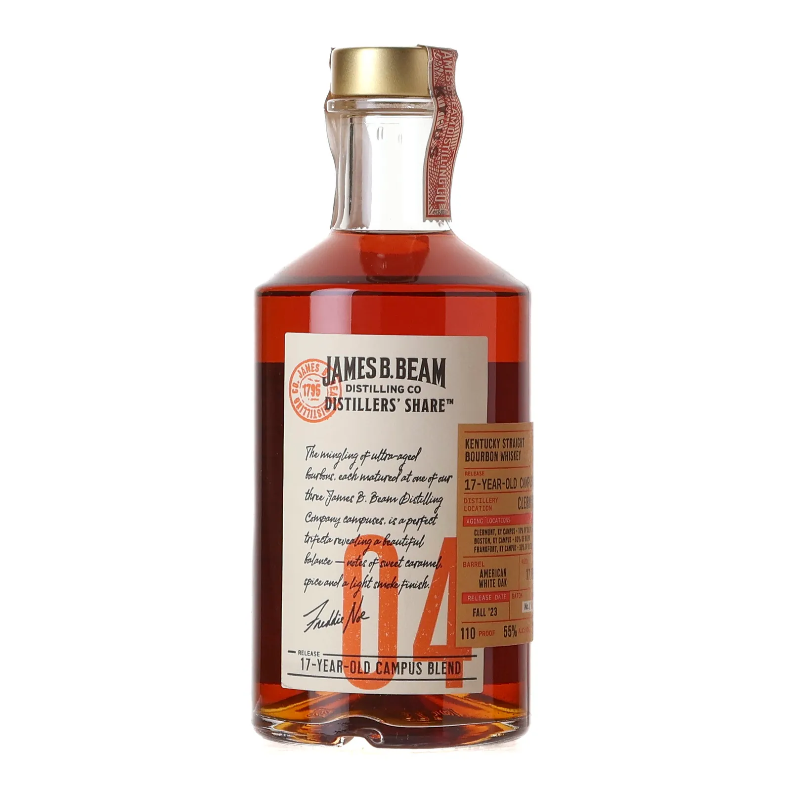 James B. Beam Distillers' Share 17-Year-Old Campus Blend 17 Year Old, American White Oak Cask, Batch No. 004, 2023, 55% whisky bottle