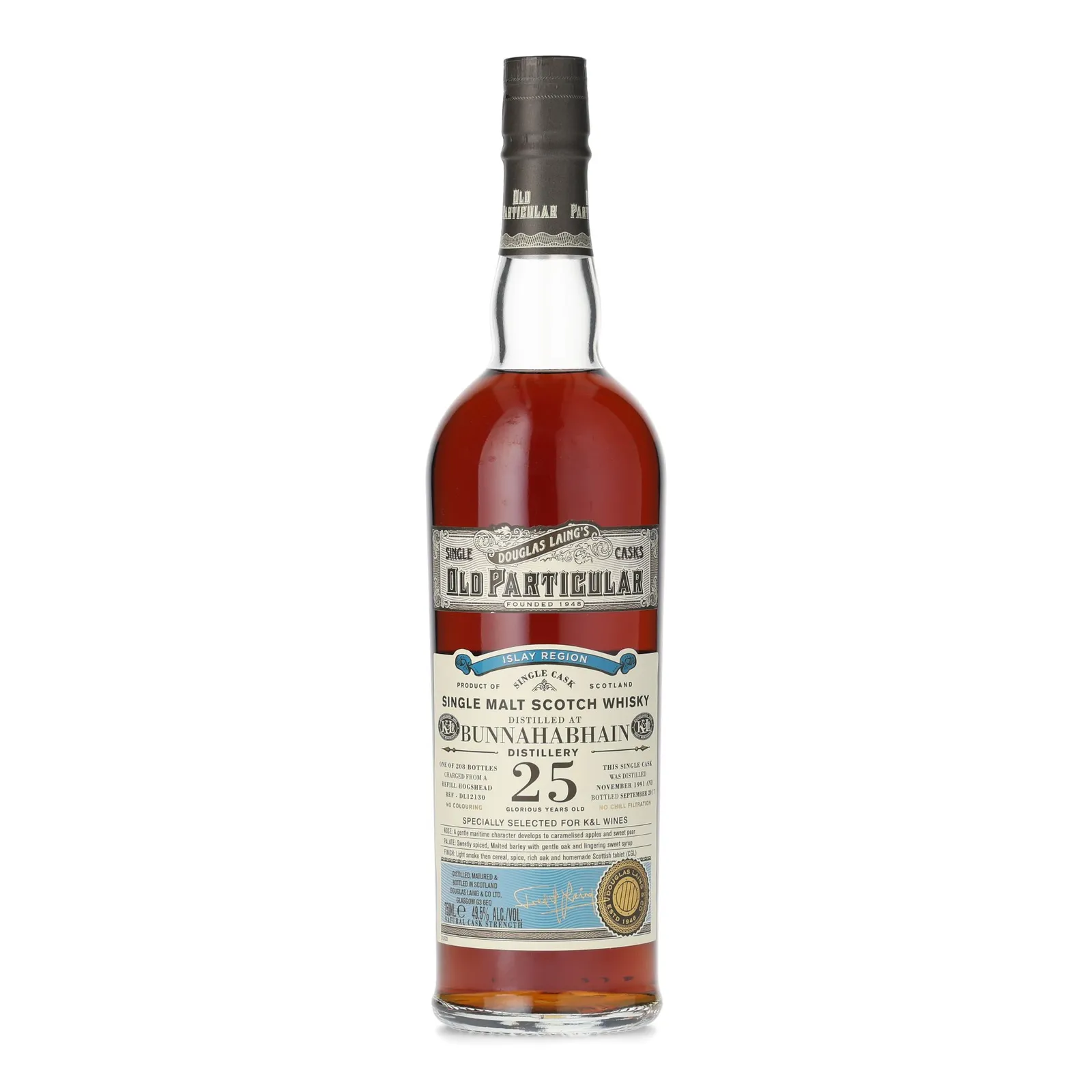 Bunnahabhain Old Particular K&L Private Barrel Selection 25 Year Old, Hogshead Cask, Cask #DL12130, 1991, Douglas Laing, 49.5% whisky bottle
