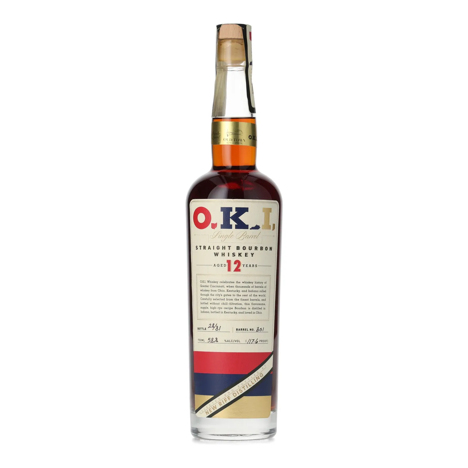 O.K.I. 12 Year Old Single Barrel Straight Bourbon Whiskey, Cask #301, New Riff Distilling, 58.8% whisky bottle