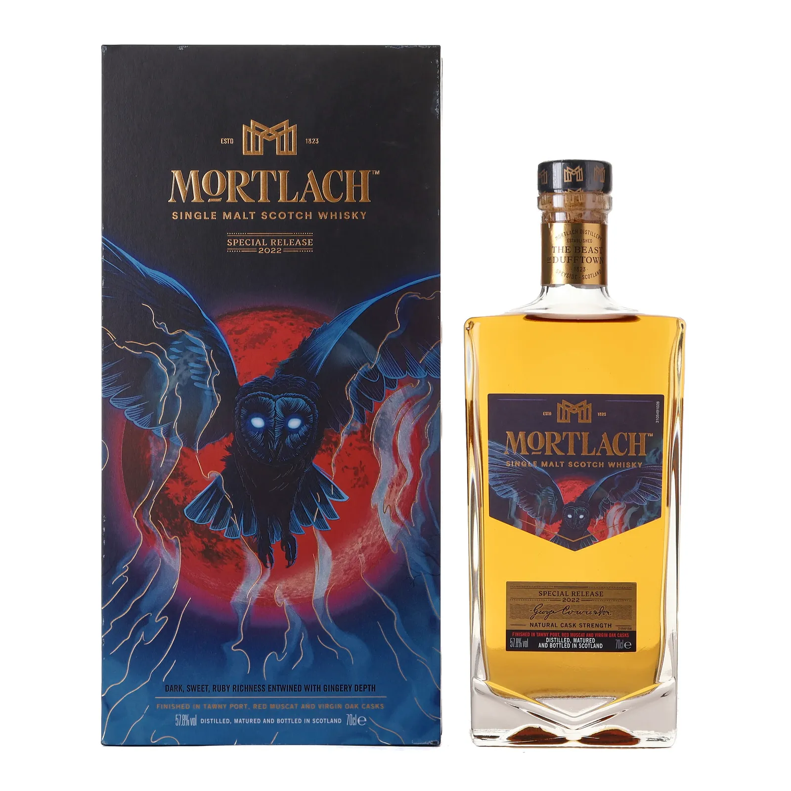 Mortlach The Lure of the Blood Moon Special Release 22 Year Old, Virgin Oak, Red Muscat Wine & Tawny Port Cask, 2022, 57.8% whisky bottle