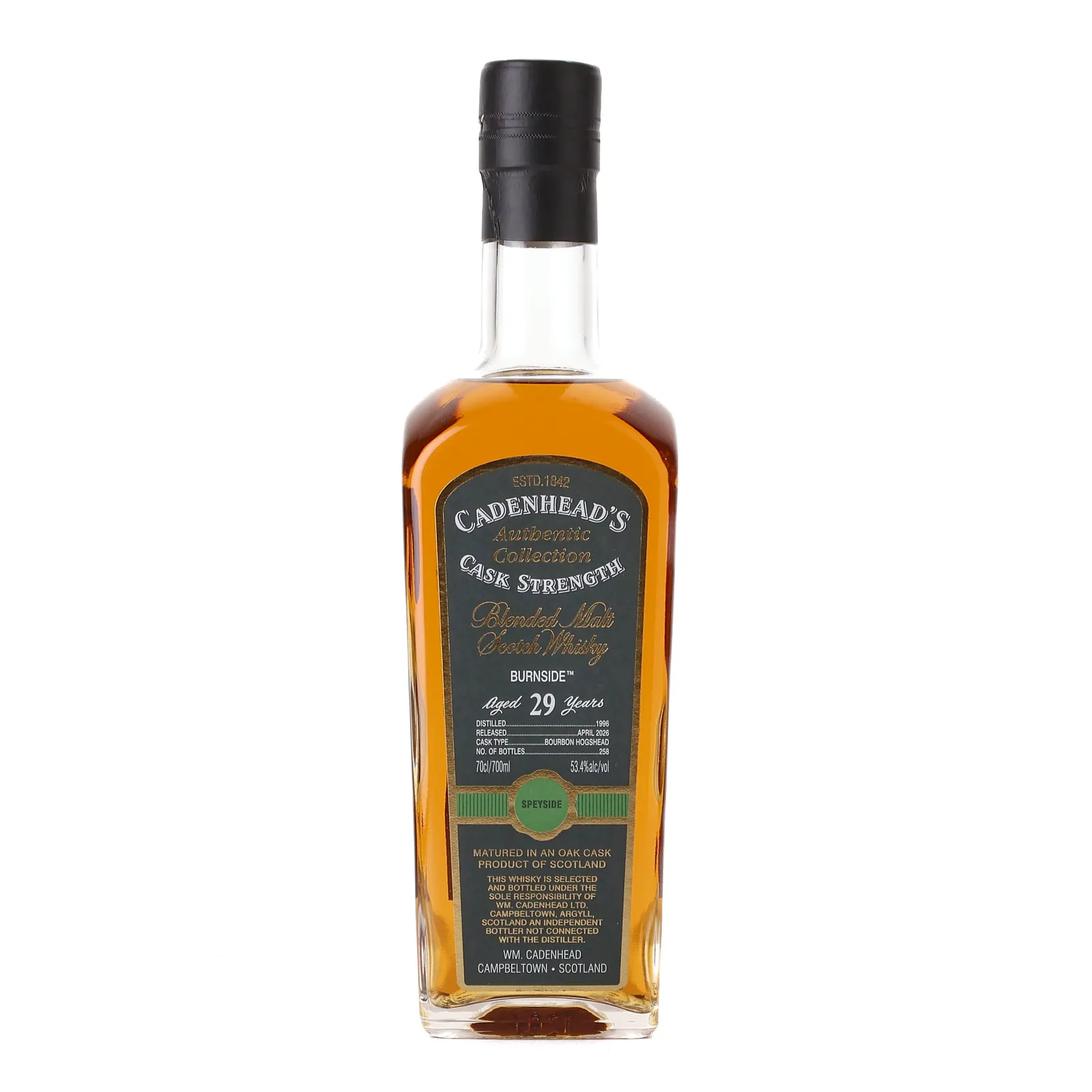 Burnside Authentic Collection 29 Year Old, Bourbon Hogshead Cask, Batch No. B2, 1996, Cadenhead's, 53.4% whisky bottle
