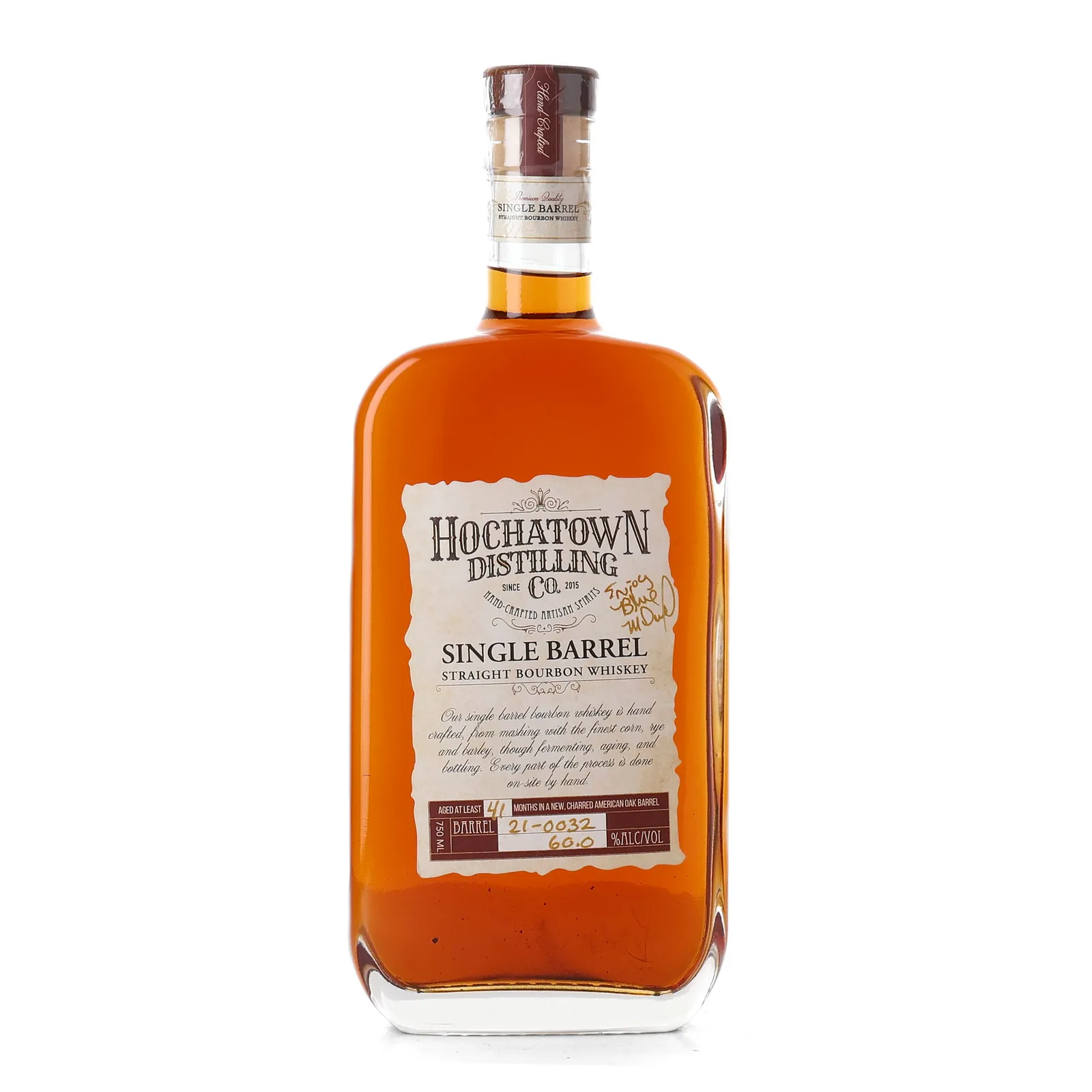 Hochatown Distilling Co. Single Barrel Bourbon 3 Year Old, New Charred American Oak Cask, Cask #21-0032, 2020, 60% whisky bottle