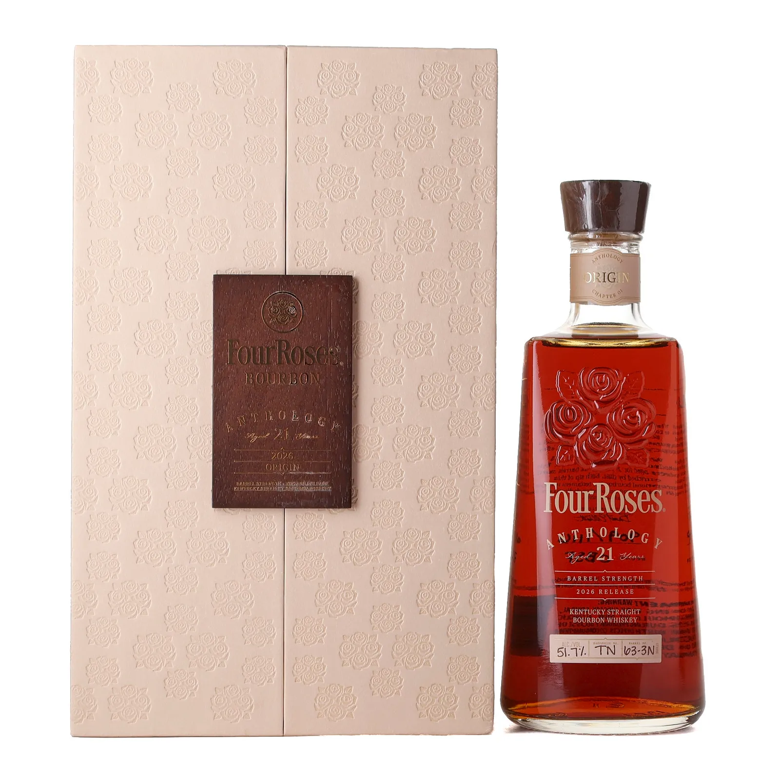 Four Roses Anthology Chapter One: Origin Barrel Strength Bourbon 21 Year Old, New Charred Oak Cask, Cask #63-3N, 2026, 51.7% whisky bottle