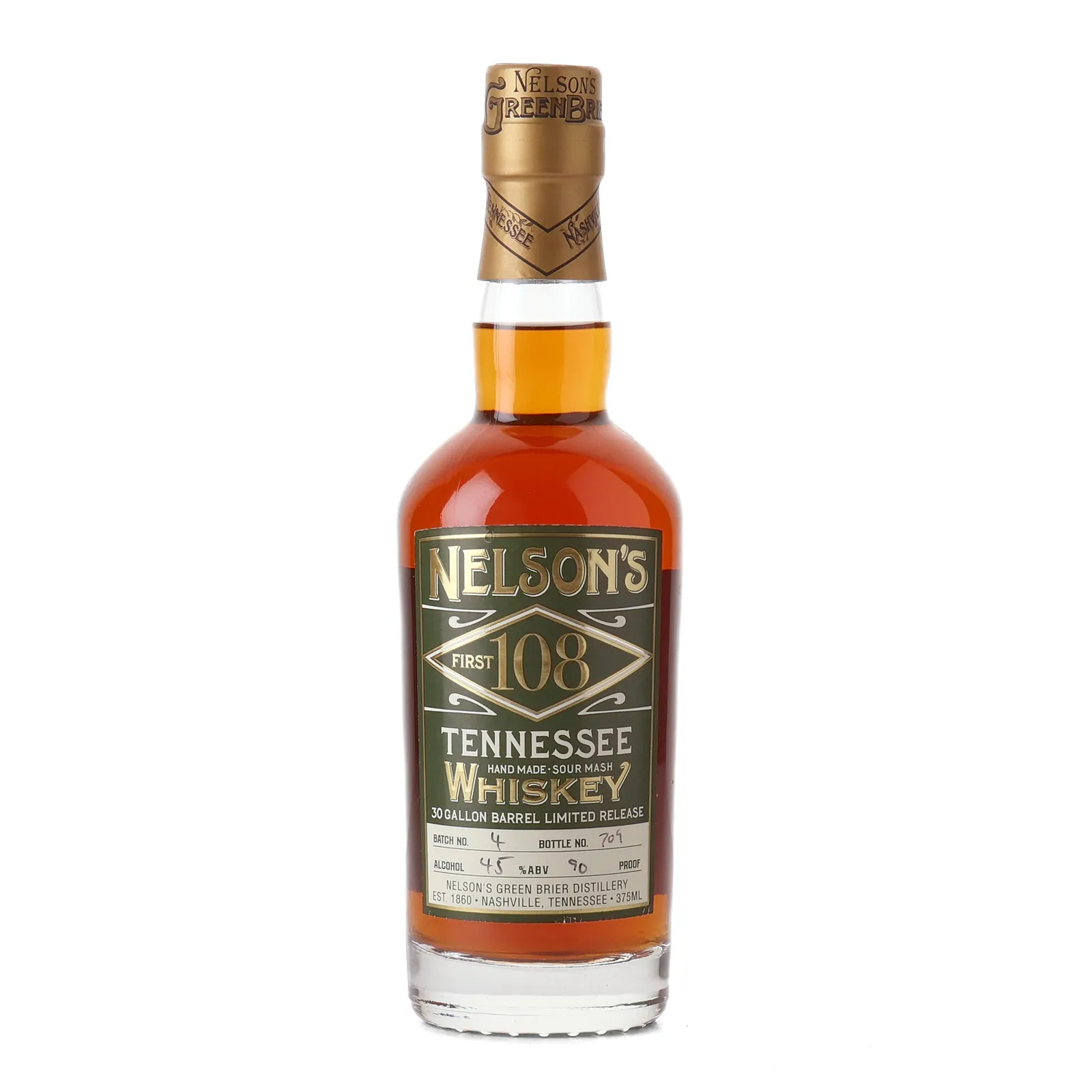 Nelson's First 108 Tennessee Whiskey 2 Year Old, New Charred Oak Cask, Batch No. 9, 2017, 45% whisky bottle